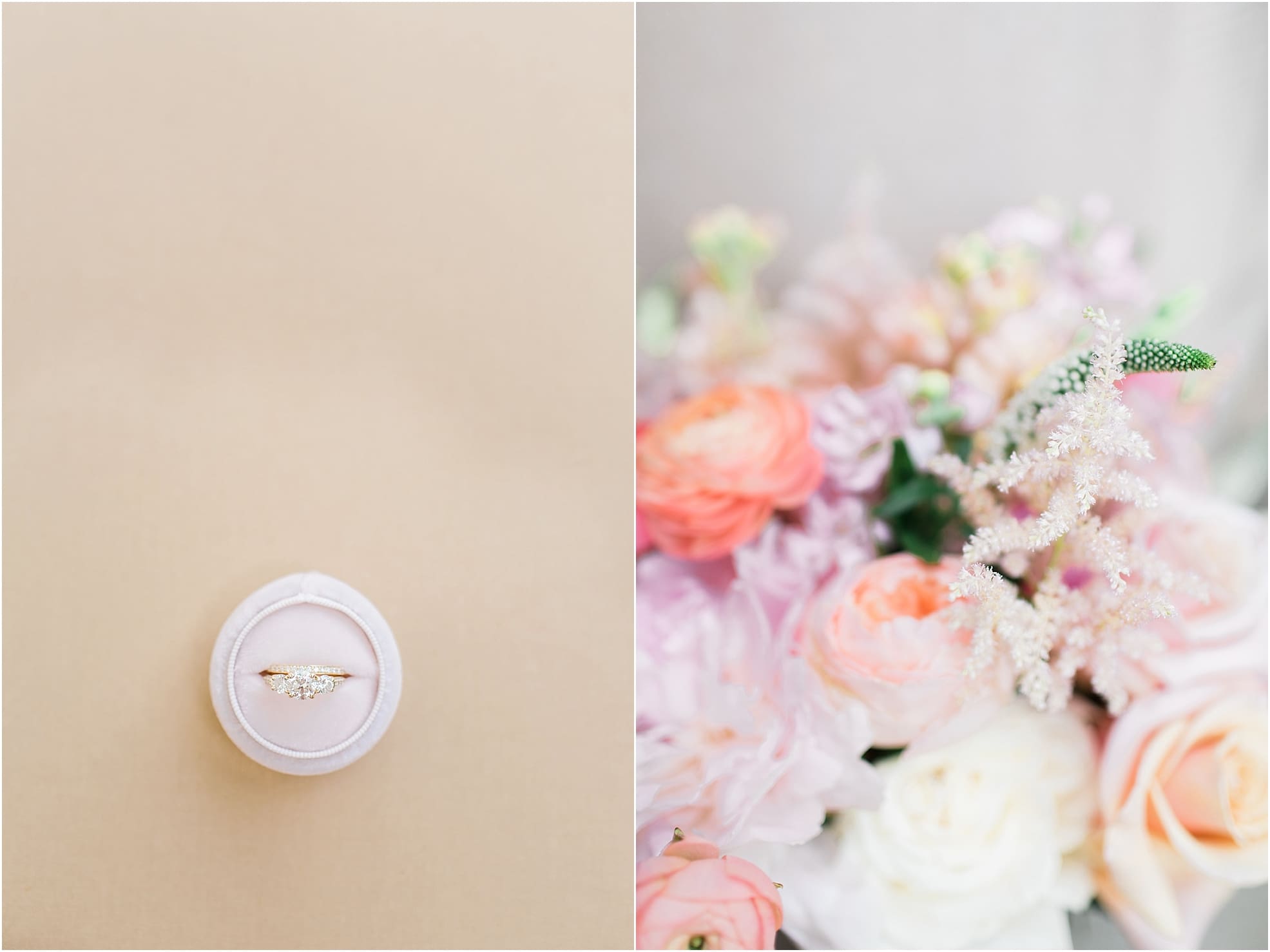 Arielle Peters Photography | Pastel roses and peonies in wedding bouquet on wedding day at First United Methodist Church in Mishawaka, Indiana.