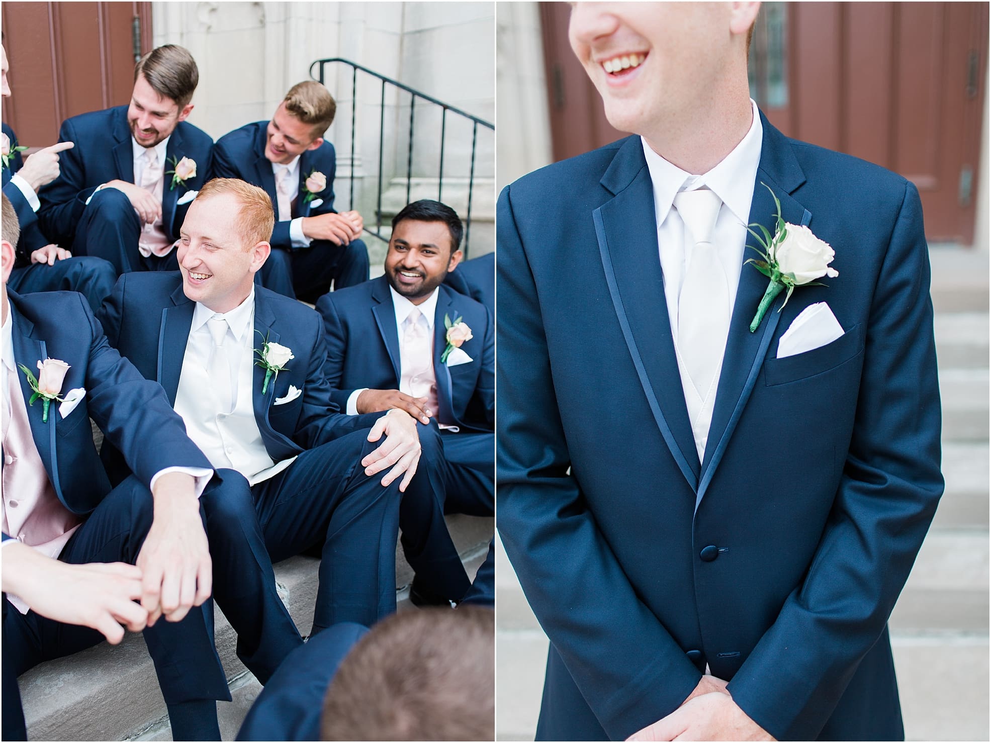 Arielle Peters Photography | Groom and groomsmen sitting on cathedral church steps on wedding day at First United Methodist Church in Mishawaka, Indiana.