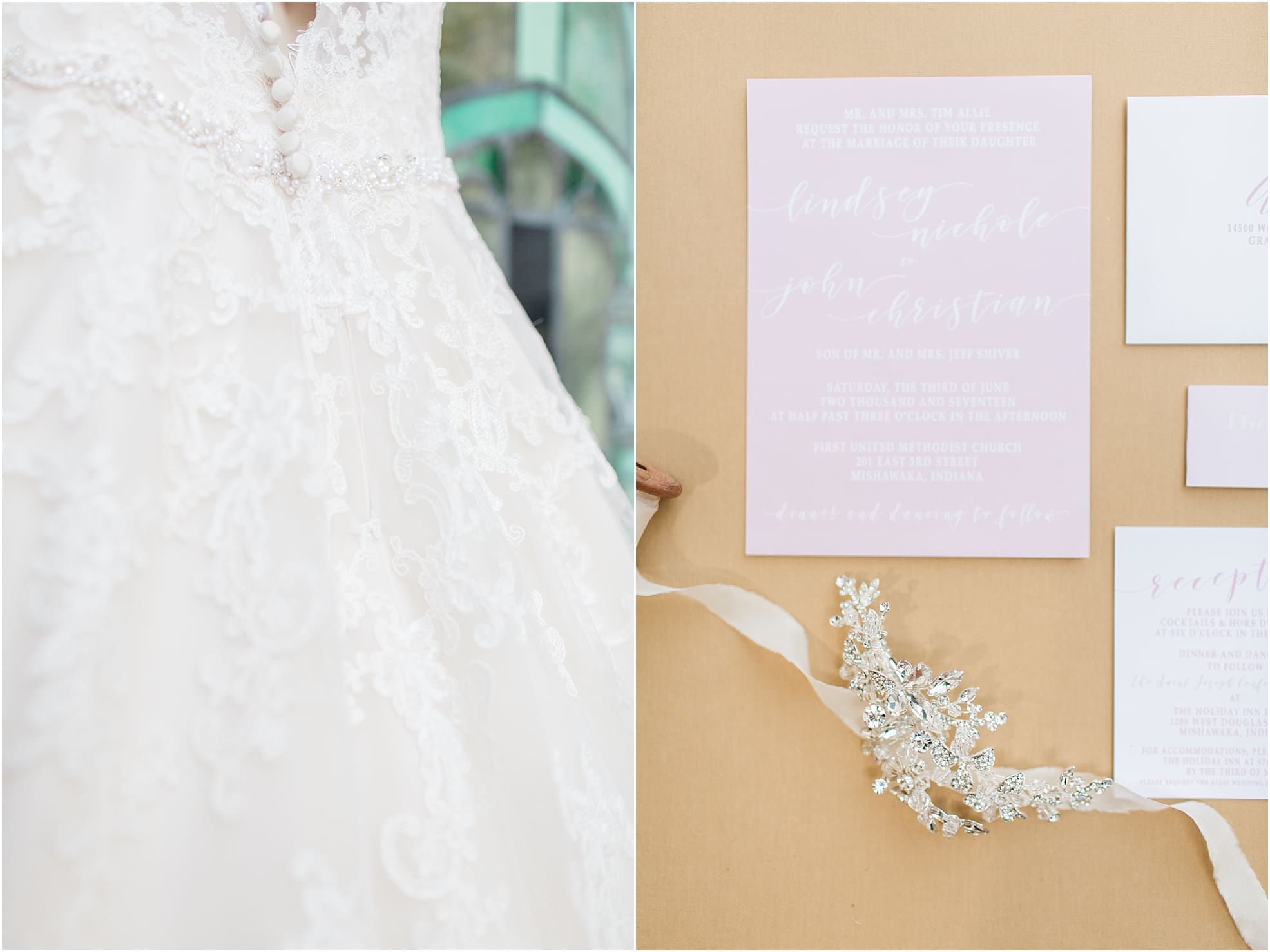 Arielle Peters Photography | Lace wedding gown details on wedding day at First United Methodist Church in Mishawaka, Indiana.