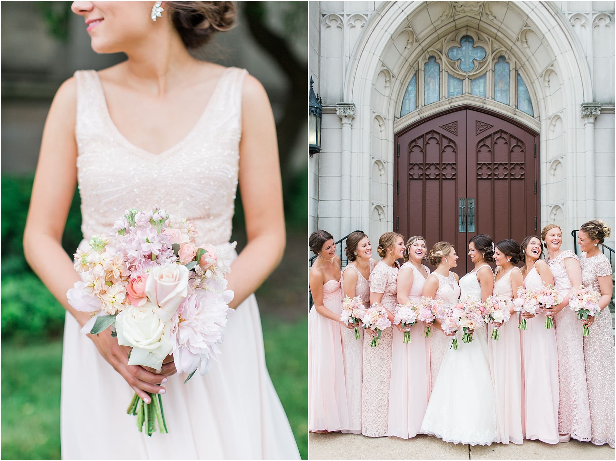 Arielle Peters Photography | Bride and bridesmaids outside large cathedral church on wedding day at First United Methodist Church in Mishawaka, Indiana.