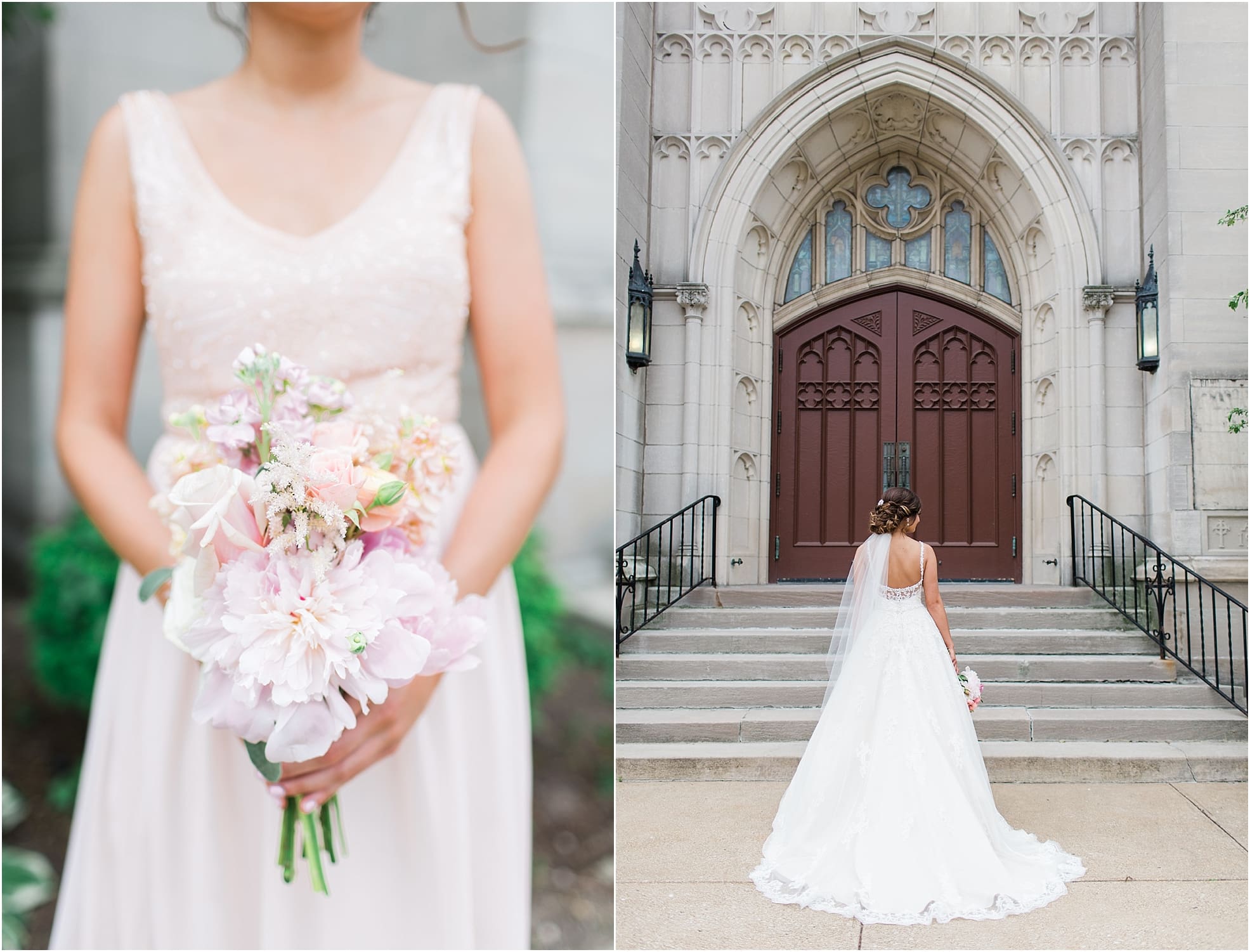 Arielle Peters Photography | Bride standing outside large cathedral church on wedding day at First United Methodist Church in Mishawaka, Indiana.
