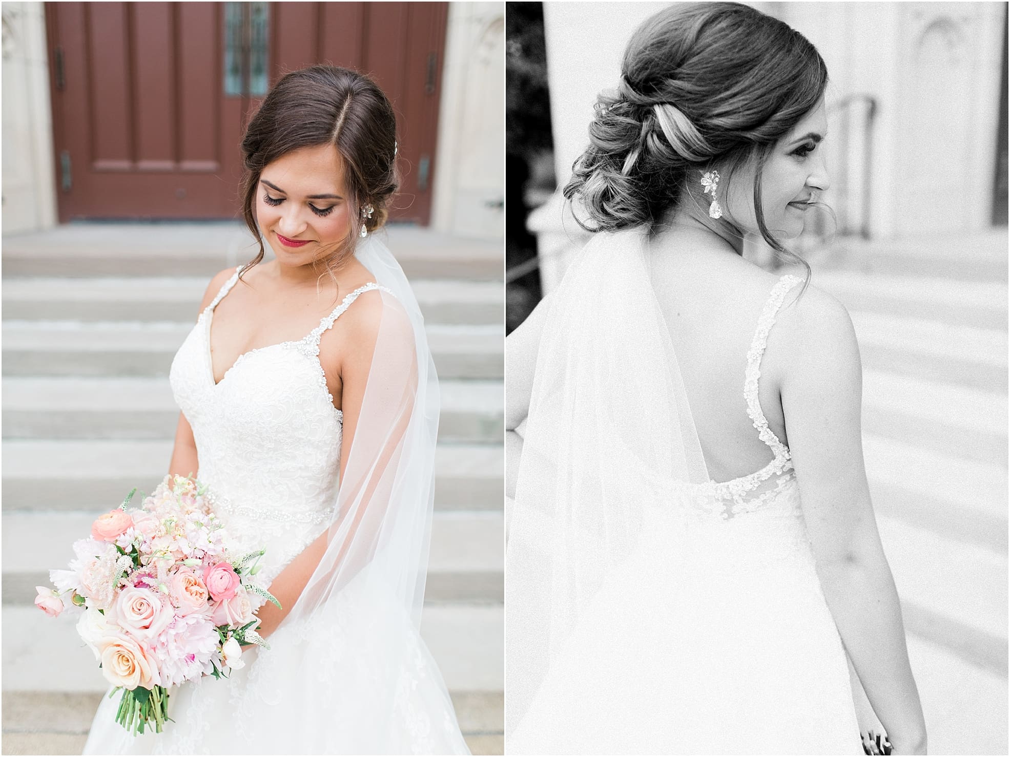 Arielle Peters Photography | Bride holding bouquet outside large cathedral church on wedding day at First United Methodist Church in Mishawaka, Indiana.