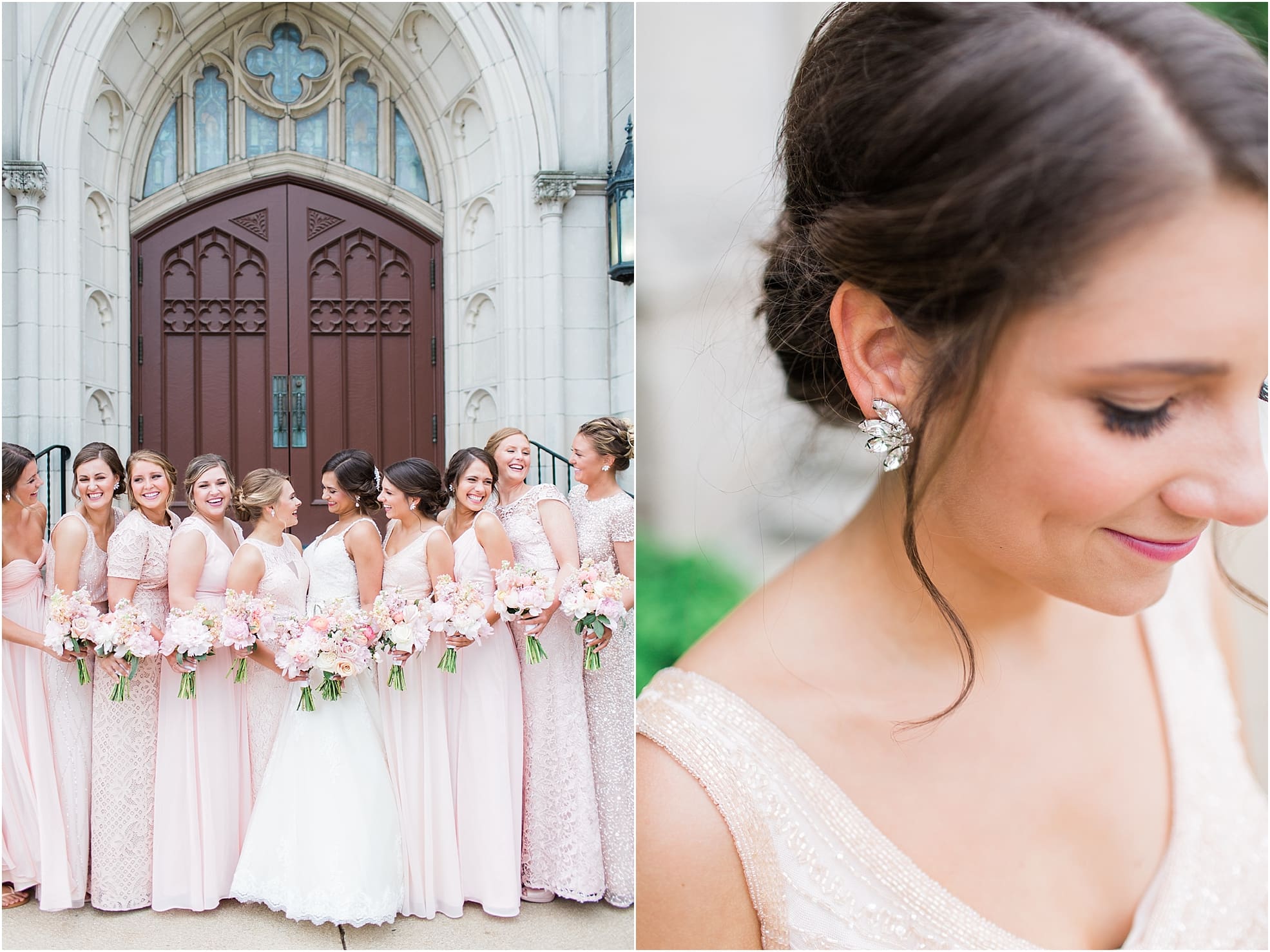 Arielle Peters Photography | Bride and bridesmaids outside large cathedral church on wedding day at First United Methodist Church in Mishawaka, Indiana.