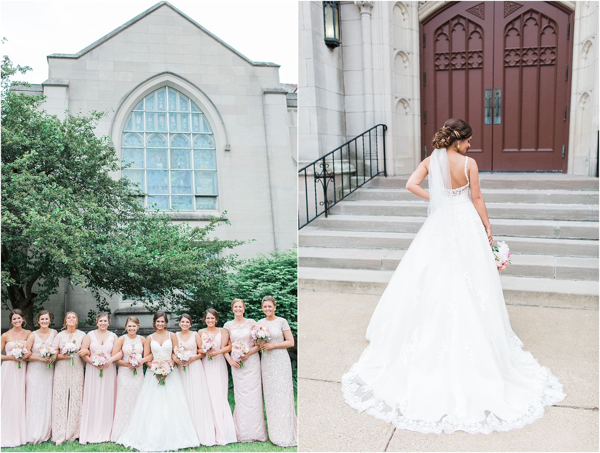 Arielle Peters Photography | Bride and bridesmaids outside large cathedral church on wedding day at First United Methodist Church in Mishawaka, Indiana.