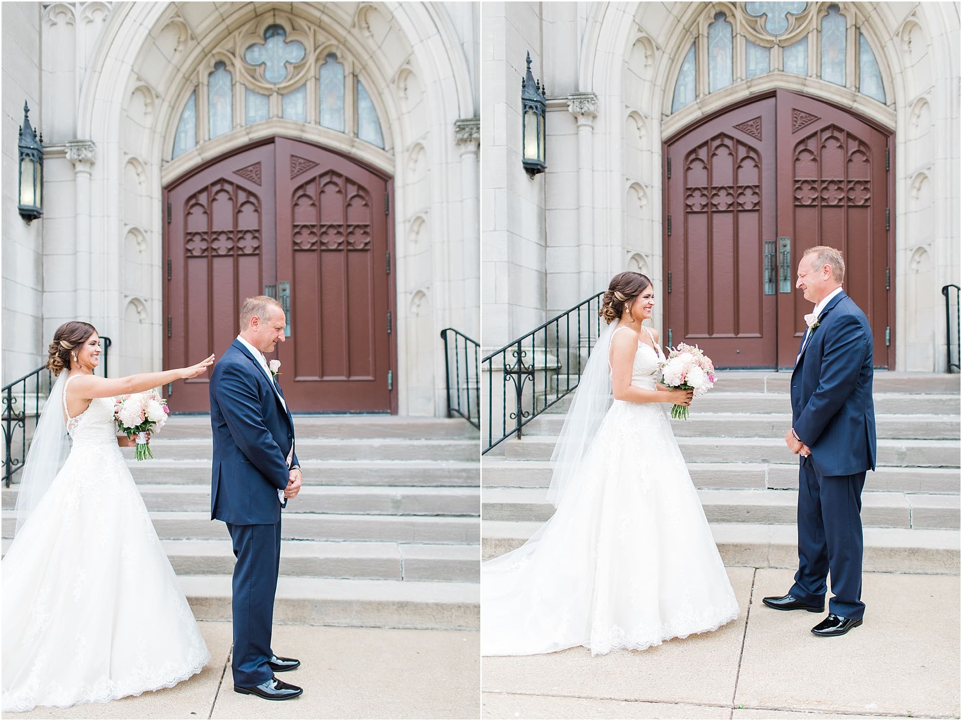 Arielle Peters Photography | Father of bride and bride having first reveal outside cathedral church on wedding day at First United Methodist Church in Mishawaka, Indiana.