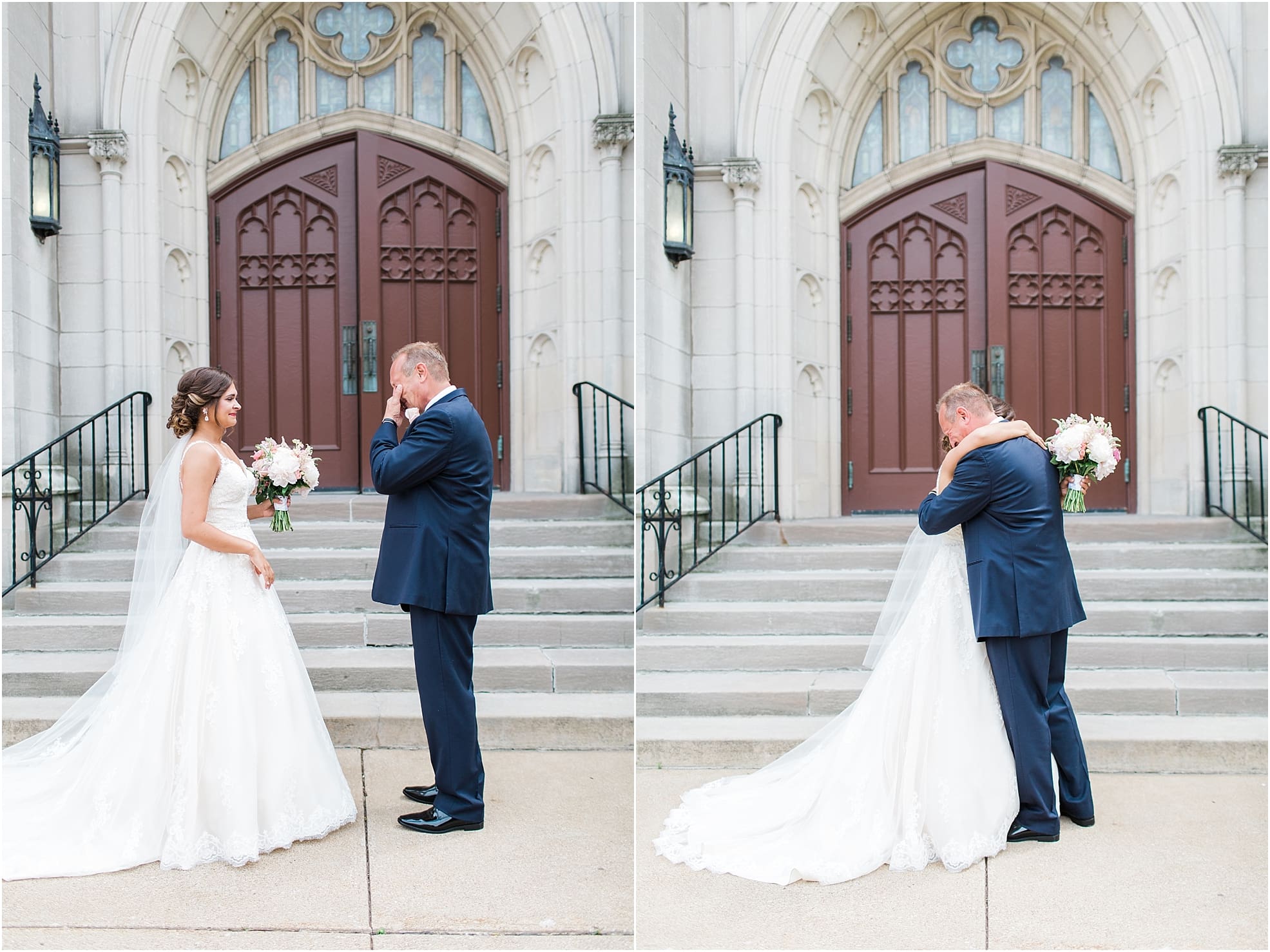 Arielle Peters Photography | Father of bride and bride having first reveal outside cathedral church on wedding day at First United Methodist Church in Mishawaka, Indiana.