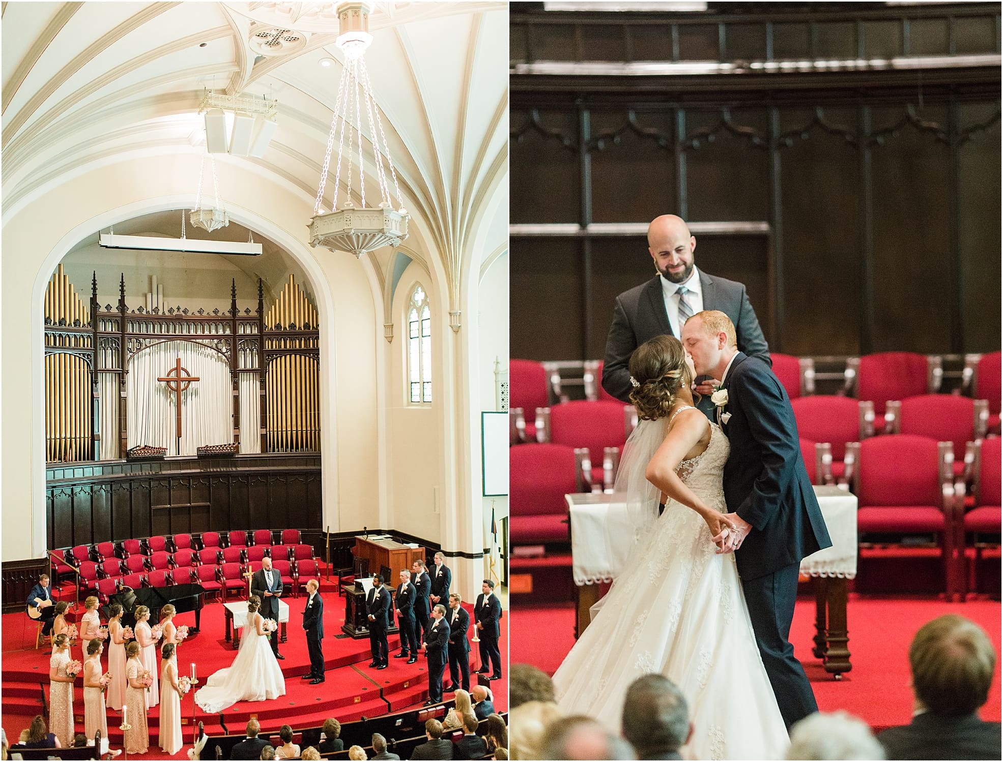 Arielle Peters Photography | Bride and groom kissing at the alter on wedding day at First United Methodist Church in Mishawaka, Indiana.