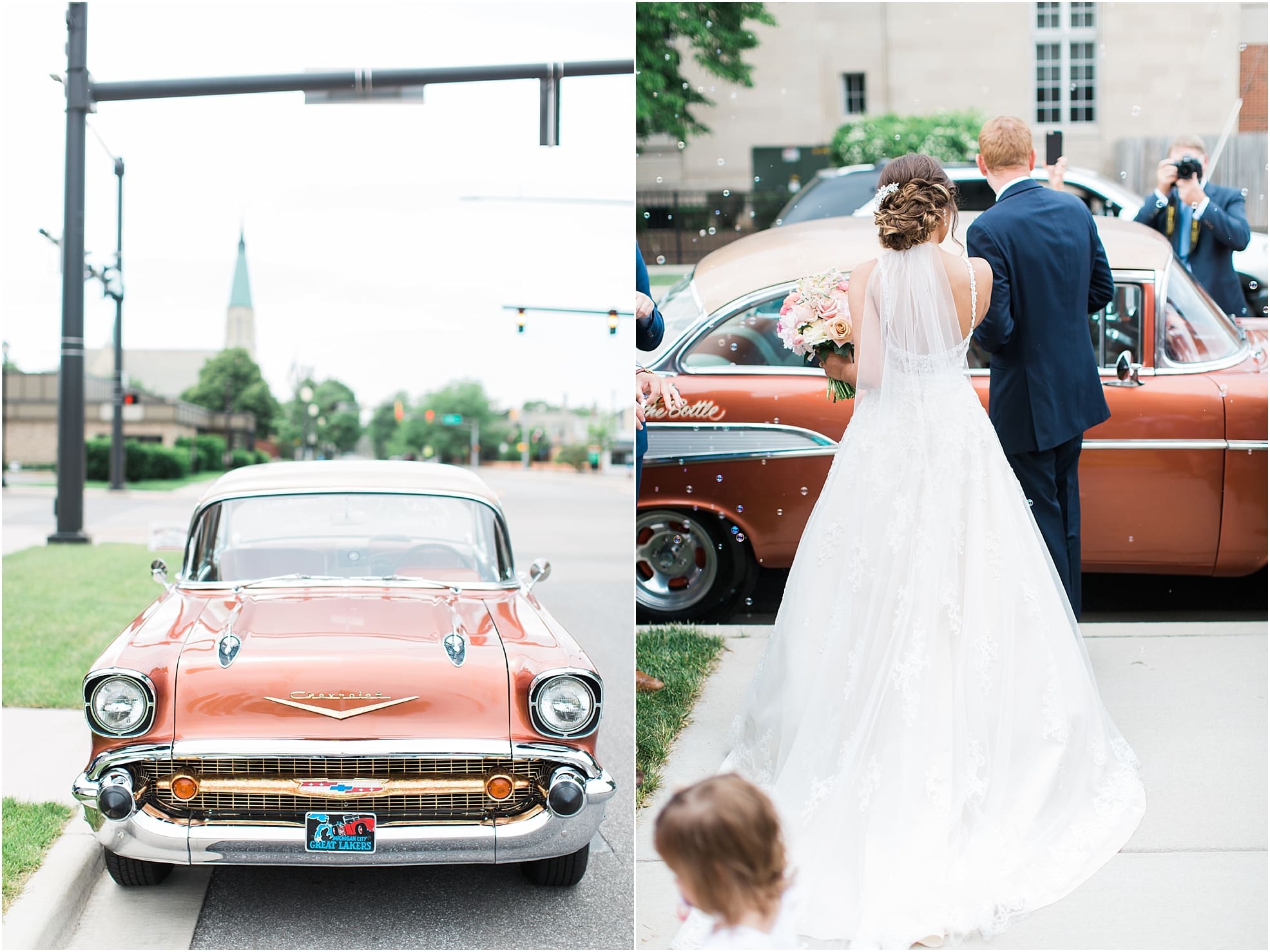 Arielle Peters Photography | Bride and groom driving away in vintage car on wedding day at First United Methodist Church in Mishawaka, Indiana.