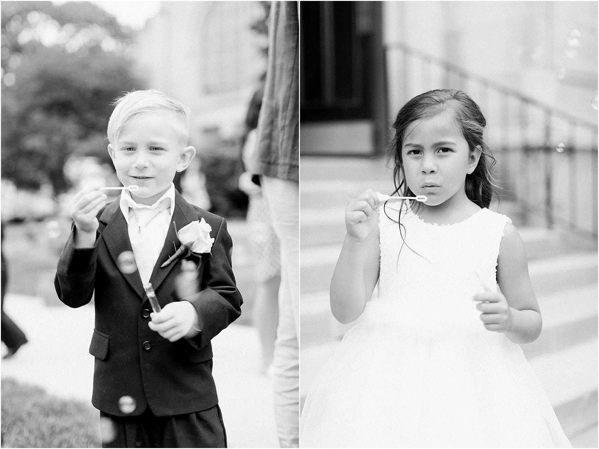 Arielle Peters Photography | Flower girl blowing bubbles on wedding day at First United Methodist Church in Mishawaka, Indiana.