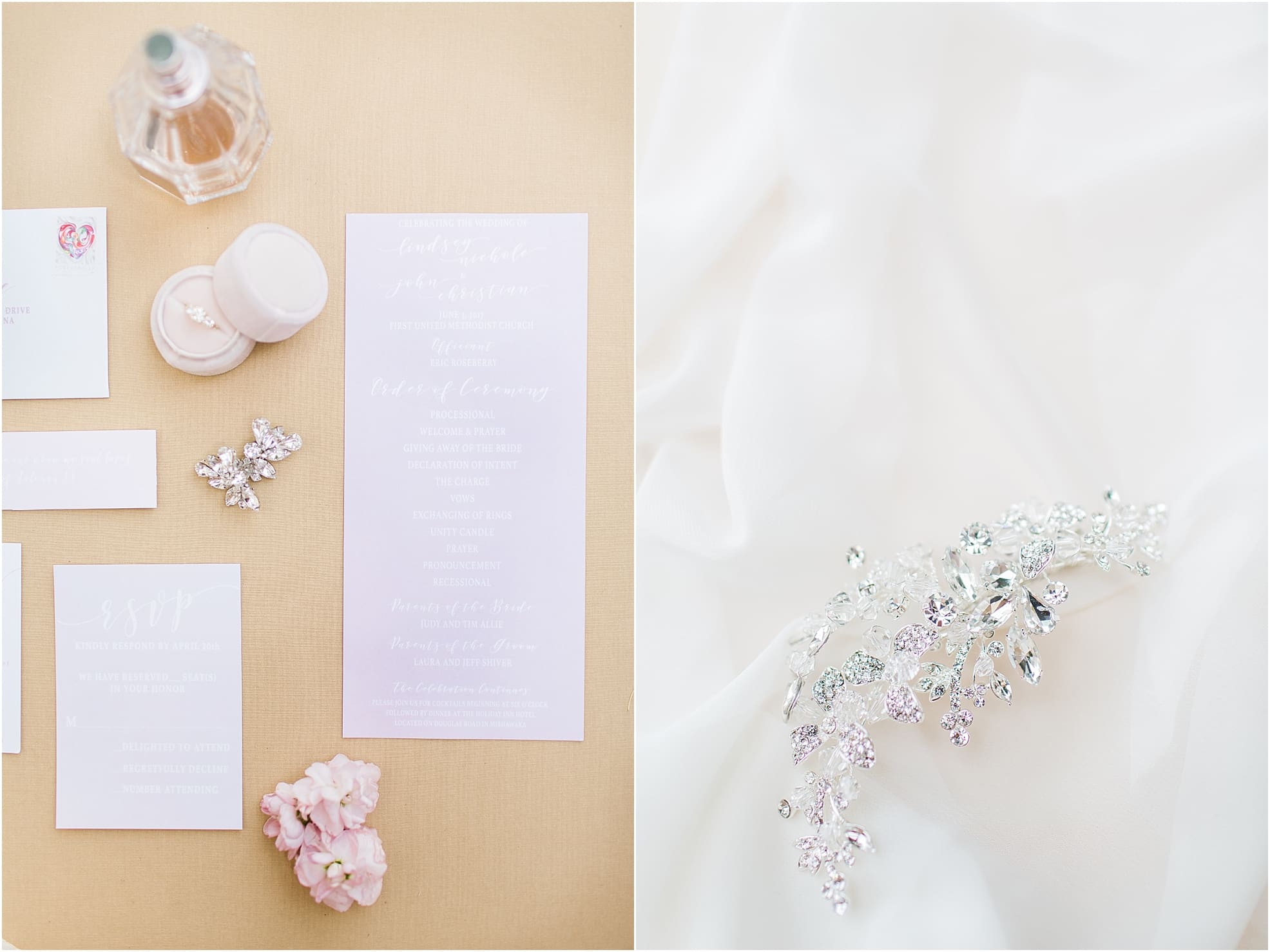 Arielle Peters Photography | Wedding invitations and perfume on brown background on wedding day at First United Methodist Church in Mishawaka, Indiana.