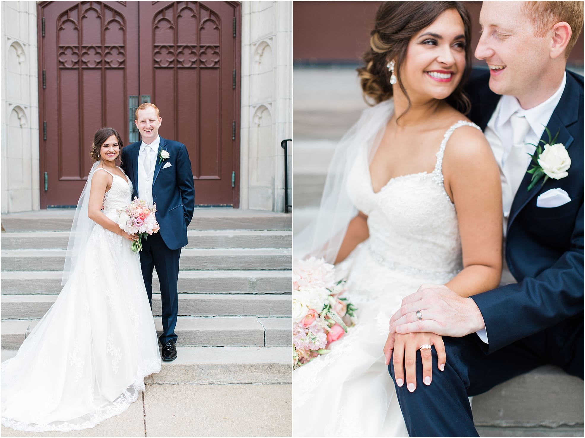 Arielle Peters Photography | Bride and groom sitting on cathedral church steps on wedding day at First United Methodist Church in Mishawaka, Indiana.