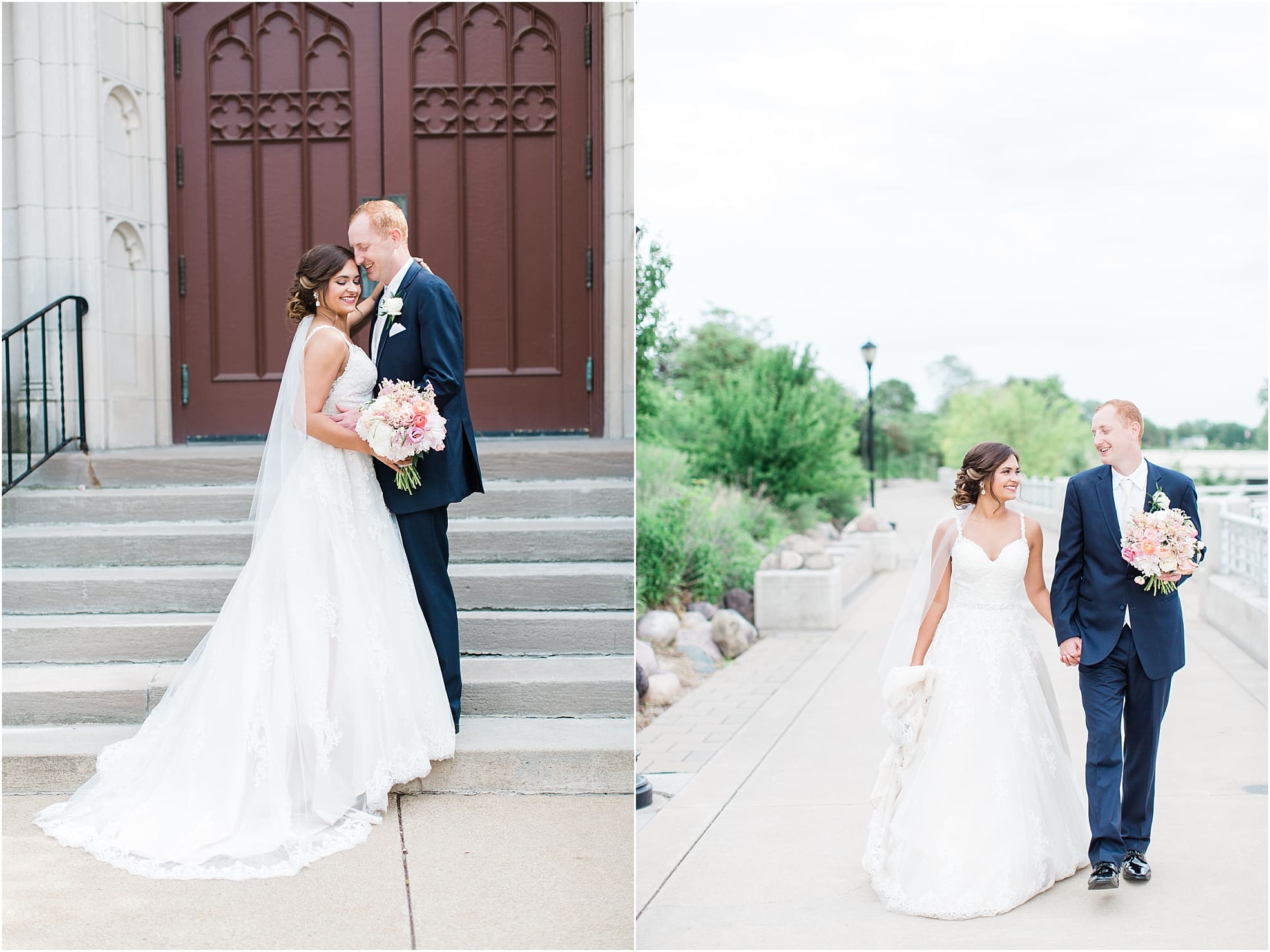 Arielle Peters Photography | Bride and groom holding hands next to lake on wedding day at First United Methodist Church in Mishawaka, Indiana.
