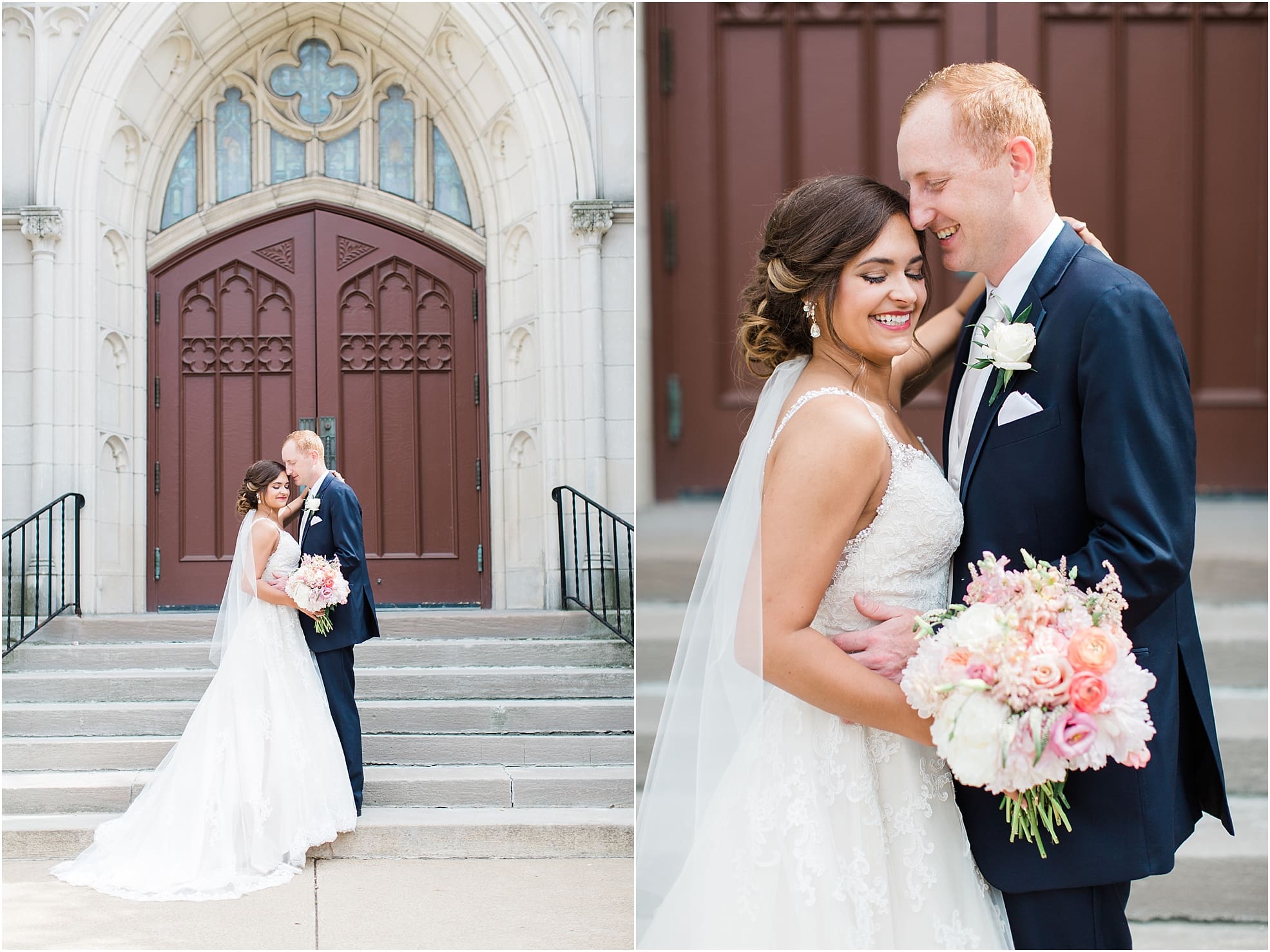 Arielle Peters Photography | Bride and groom laughing on cathedral church steps on wedding day at First United Methodist Church in Mishawaka, Indiana.
