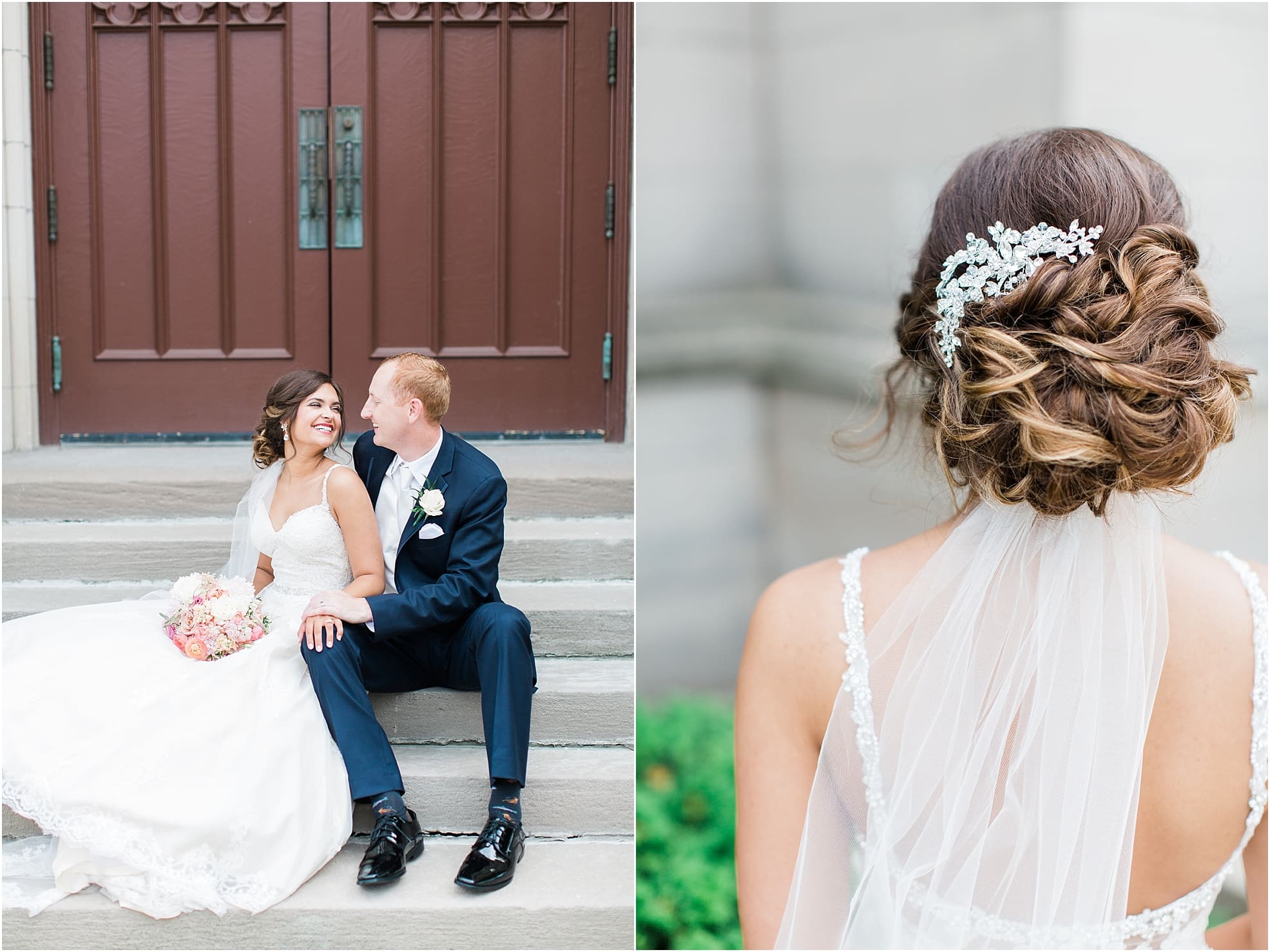 Arielle Peters Photography | Bride and groom laughing and sitting on cathedral church steps on wedding day at First United Methodist Church in Mishawaka, Indiana.
