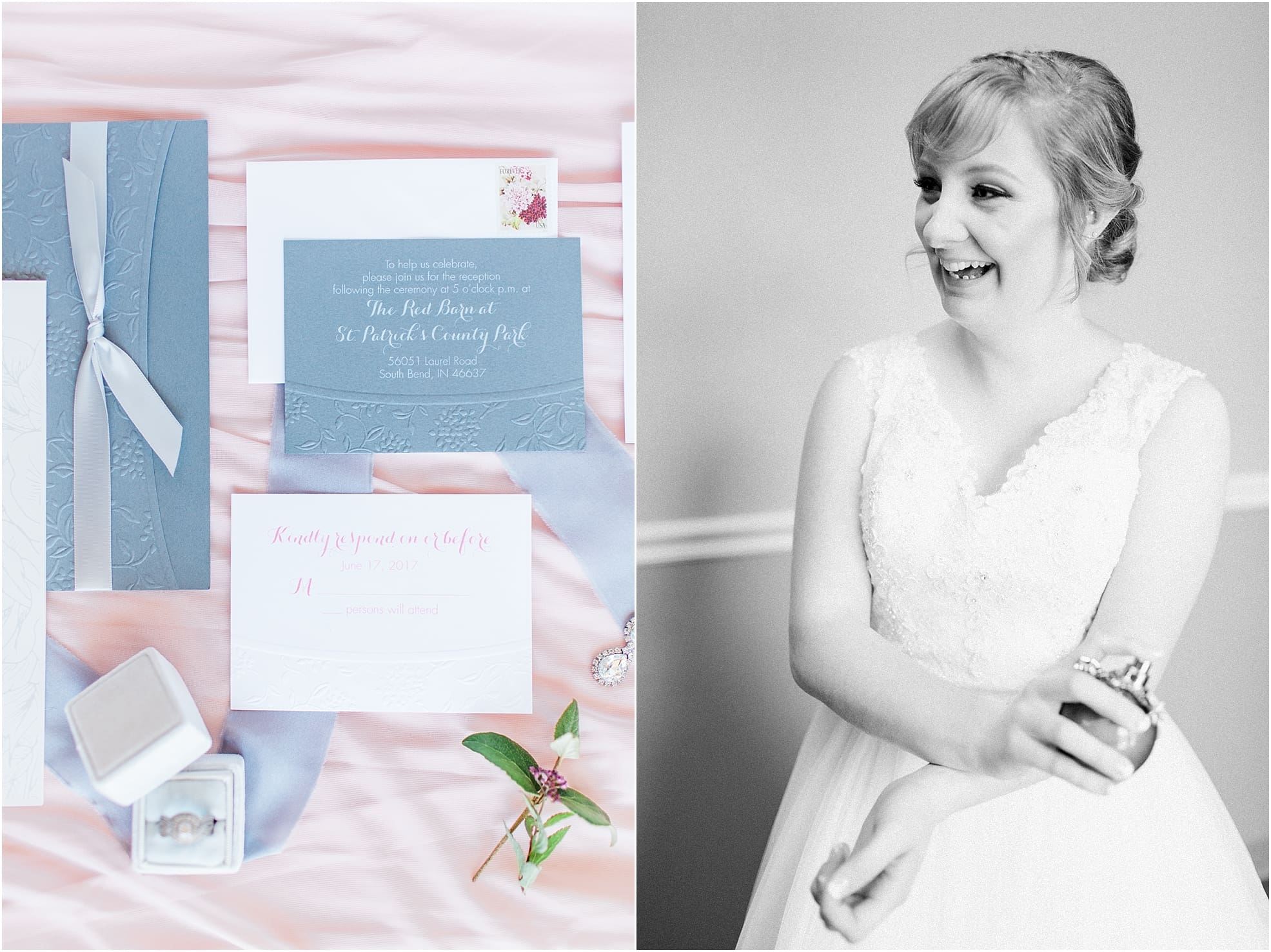 Arielle Peters Photography | Wedding invitations and jewelry on soft pink background on wedding day at St. Joseph County Parks in South Bend, Indiana.