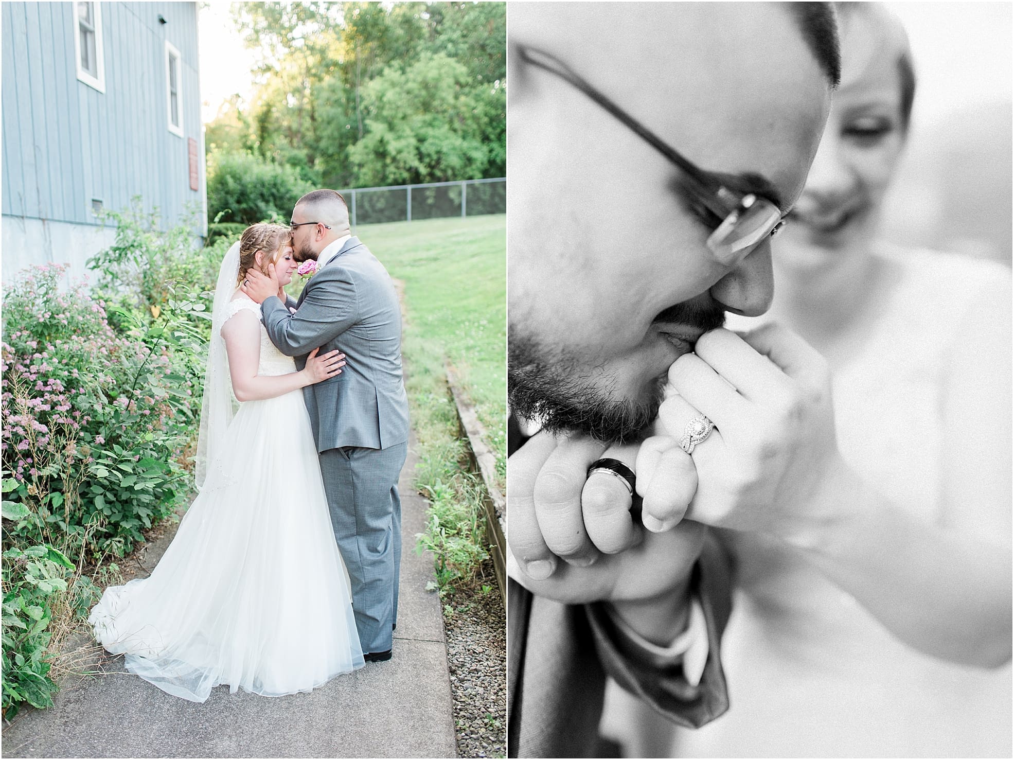 Arielle Peters Photography | Bride and groom outside blue barn on wedding day at St. Joseph County Parks in South Bend, Indiana.