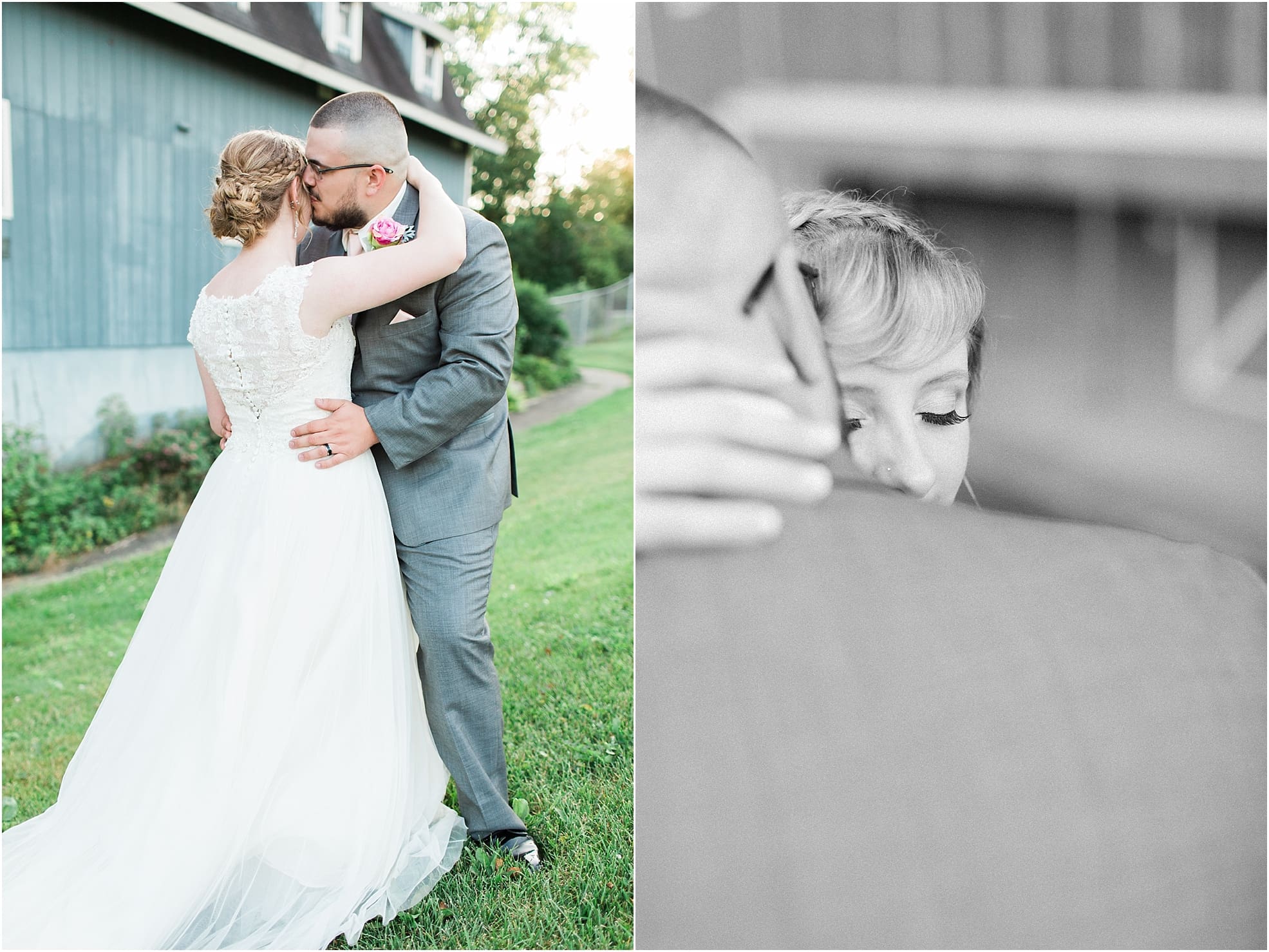 Arielle Peters Photography | Bride and groom outside blue barn on wedding day at St. Joseph County Parks in South Bend, Indiana.