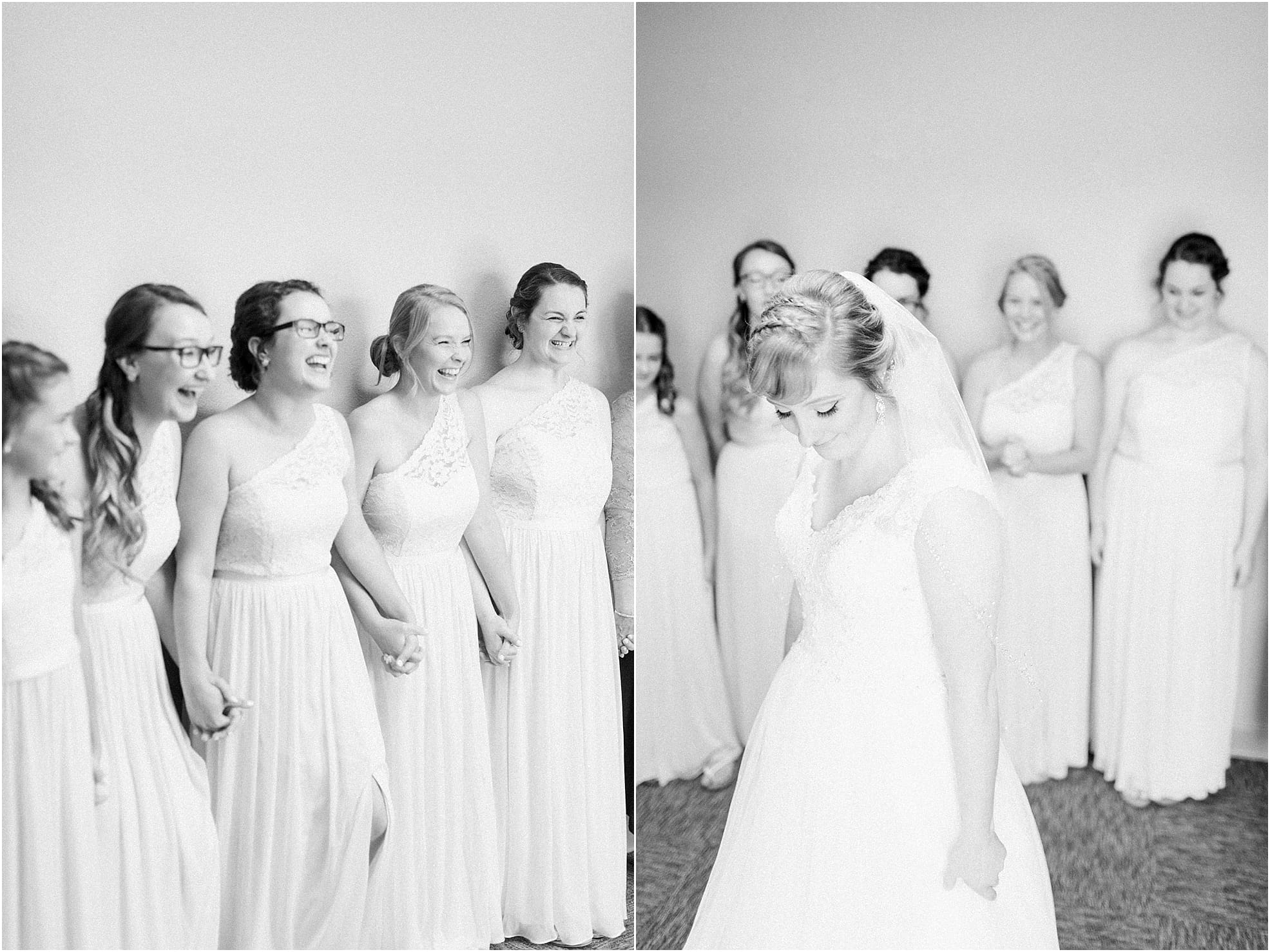 Arielle Peters Photography | Bride and bridesmaids having first reveal on wedding day at St. Joseph County Parks in South Bend, Indiana.