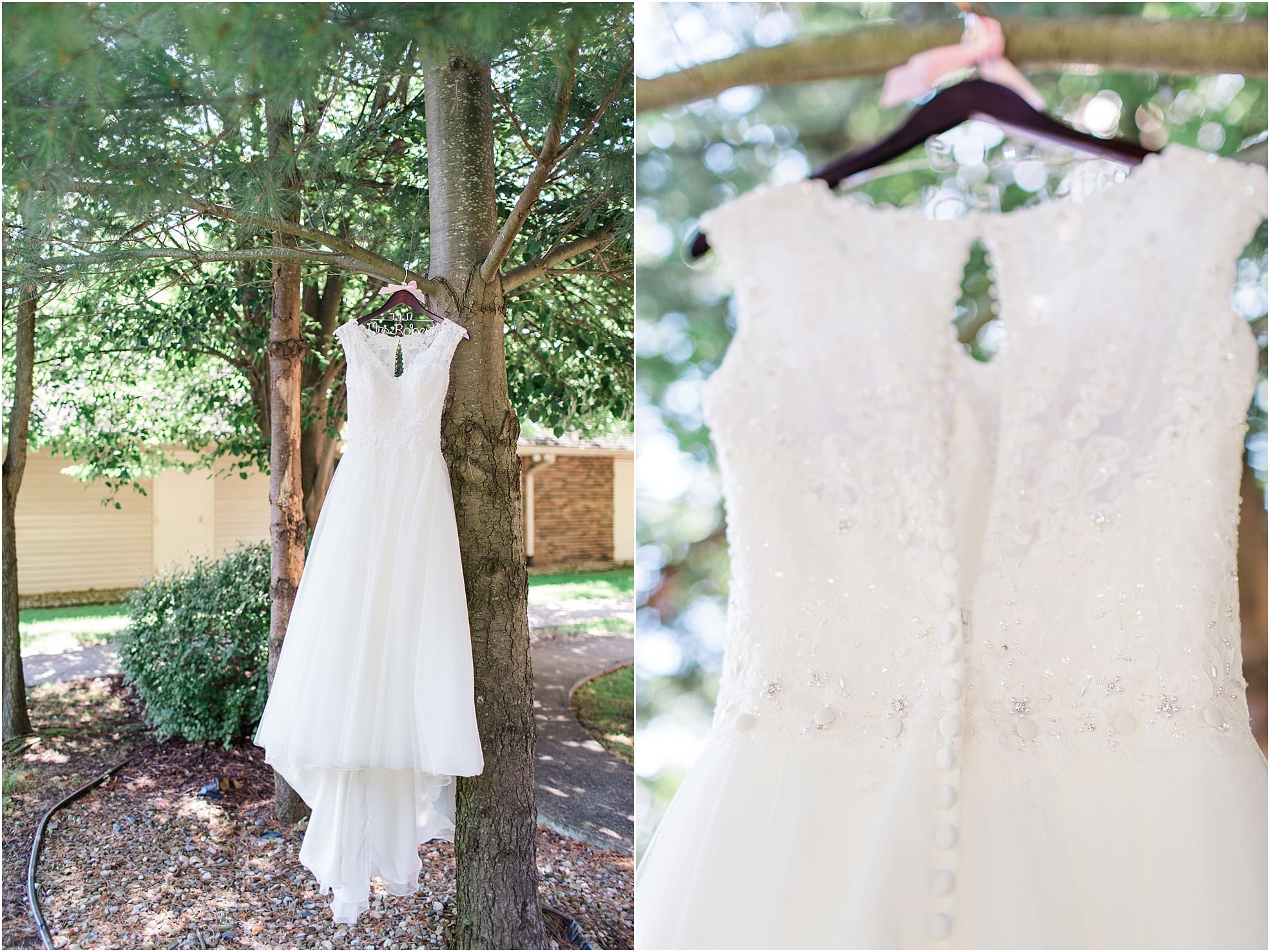 Arielle Peters Photography | Wedding dress hanging outside on tree on wedding day at St. Joseph County Parks in South Bend, Indiana.