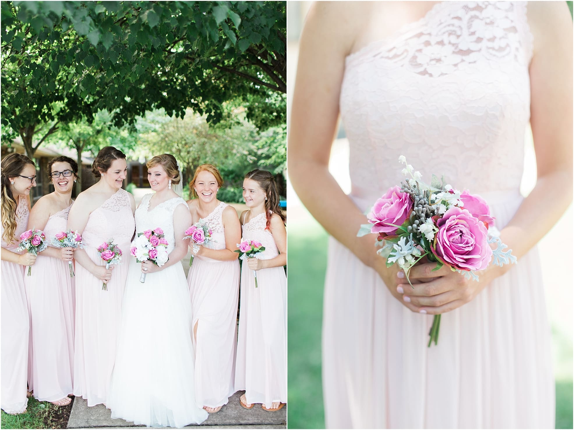 Arielle Peters Photography | Bride and bridesmaids outside under trees on wedding day at St. Joseph County Parks in South Bend, Indiana.