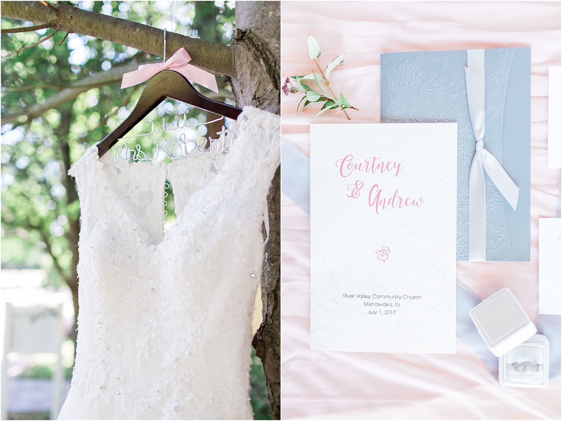 Arielle Peters Photography | Wedding dress hanging outside on tree on wedding day at St. Joseph County Parks in South Bend, Indiana.