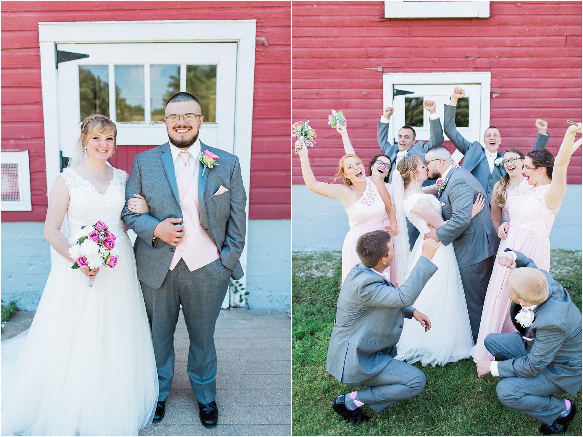 Arielle Peters Photography | Wedding party cheering next to old red barn on wedding day at St. Joseph County Parks in South Bend, Indiana.