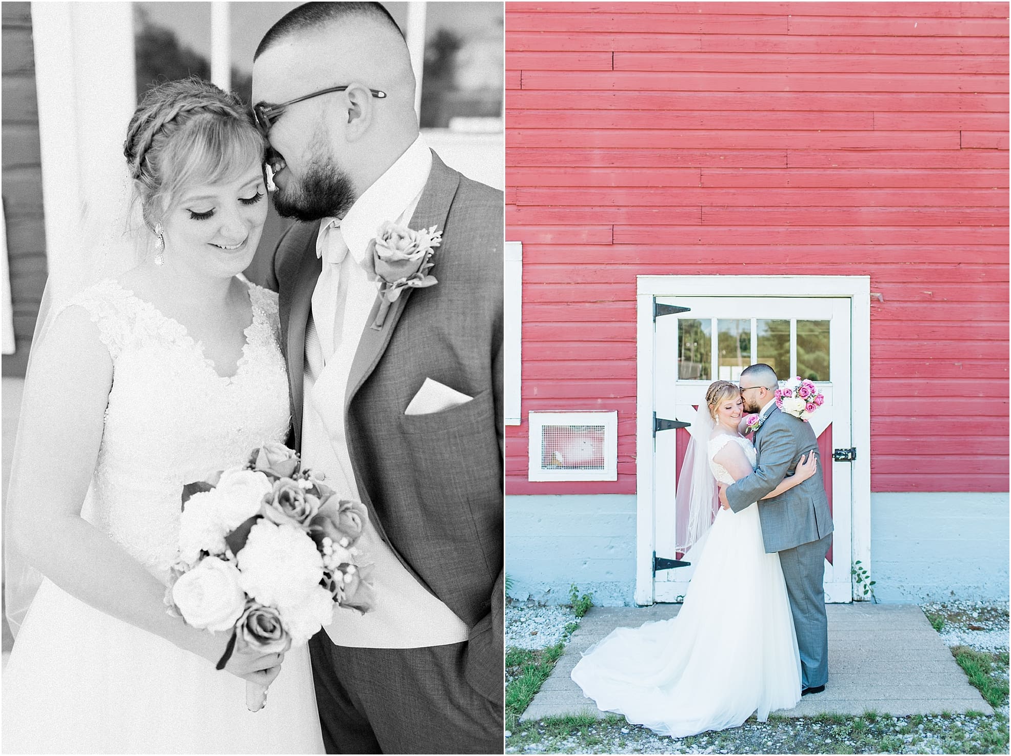 Arielle Peters Photography | Bride and groom next to old red barn on wedding day at St. Joseph County Parks in South Bend, Indiana.