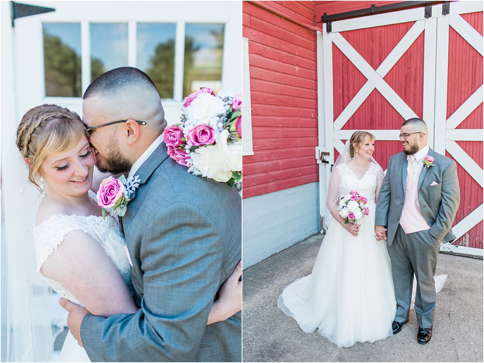 Arielle Peters Photography | Bride and groom next to old red barn on wedding day at St. Joseph County Parks in South Bend, Indiana.