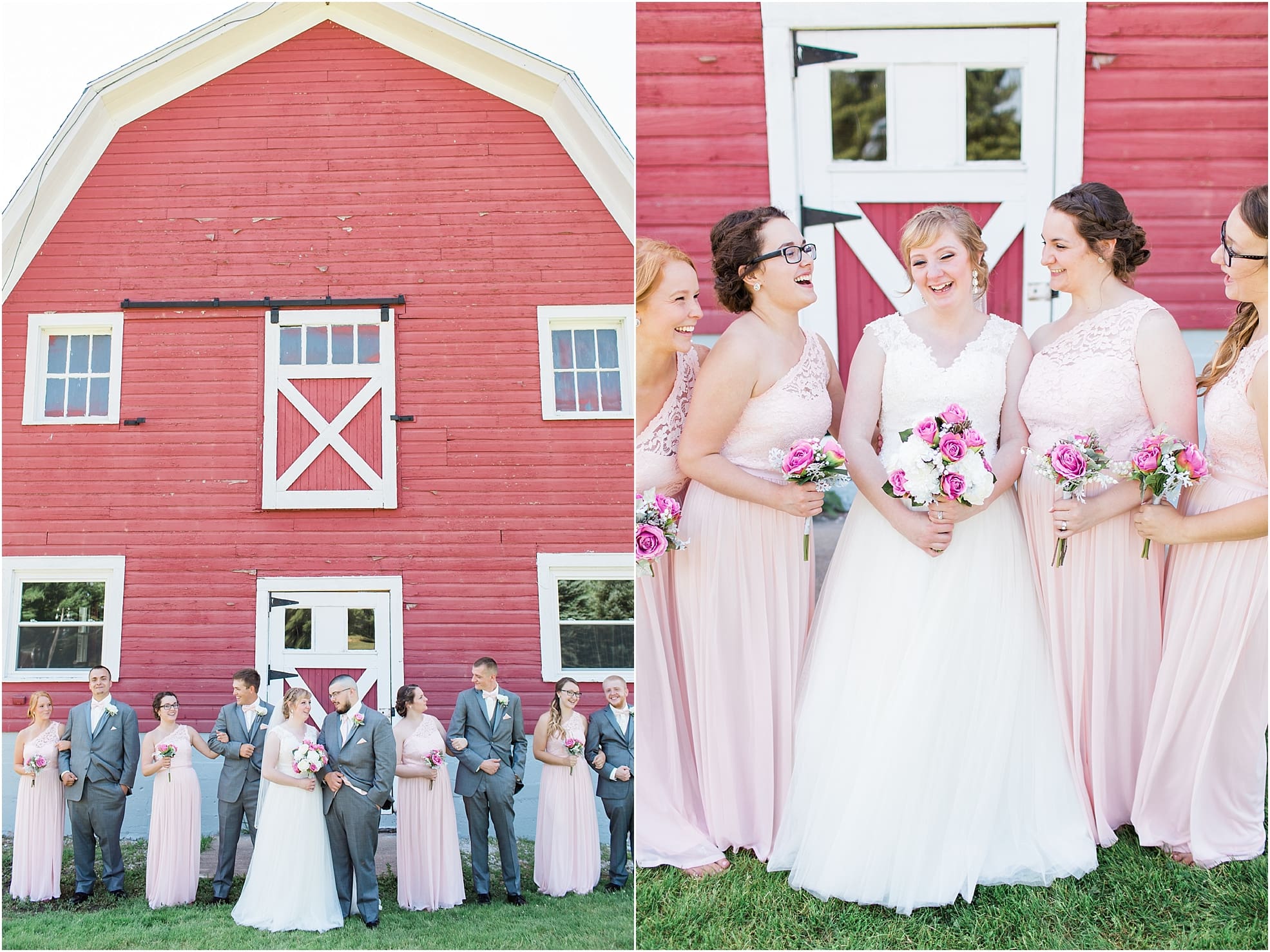 Arielle Peters Photography | Bride and bridesmaids next to old red barn on wedding day at St. Joseph County Parks in South Bend, Indiana.
