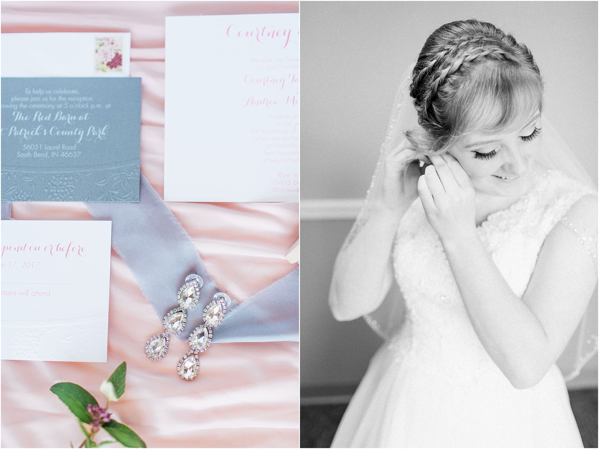 Arielle Peters Photography | Bride putting on jewelry on wedding day at St. Joseph County Parks in South Bend, Indiana.