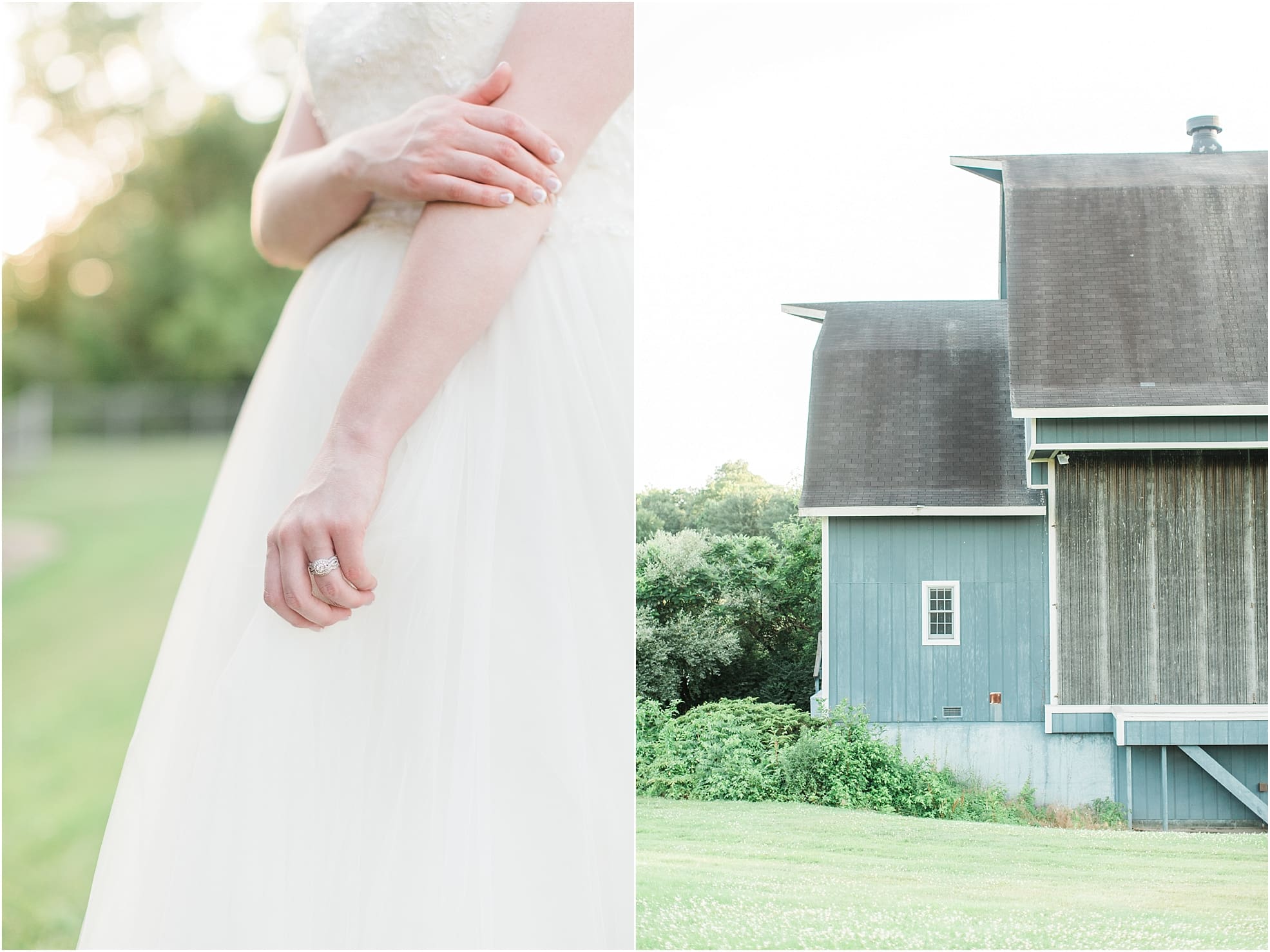 Arielle Peters Photography | Bride outside old blue barn on wedding day at St. Joseph County Parks in South Bend, Indiana.