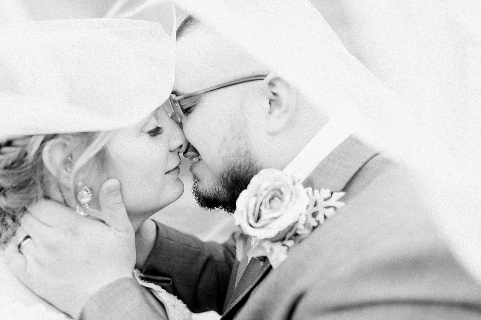 Arielle Peters Photography | Bride and groom almost kissing under veil on wedding day at St. Joseph County Parks in South Bend, Indiana.