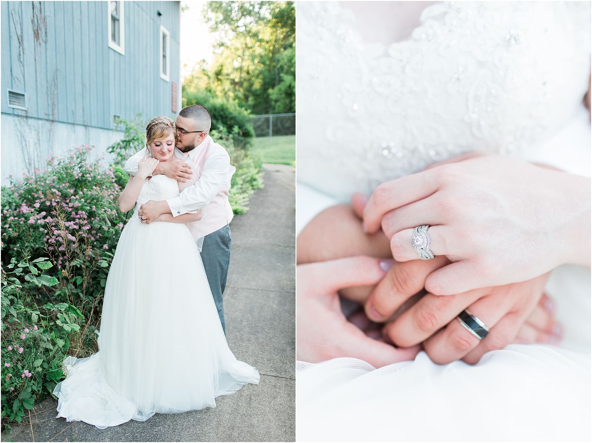 Arielle Peters Photography | Bride and groom outside blue barn on wedding day at St. Joseph County Parks in South Bend, Indiana.