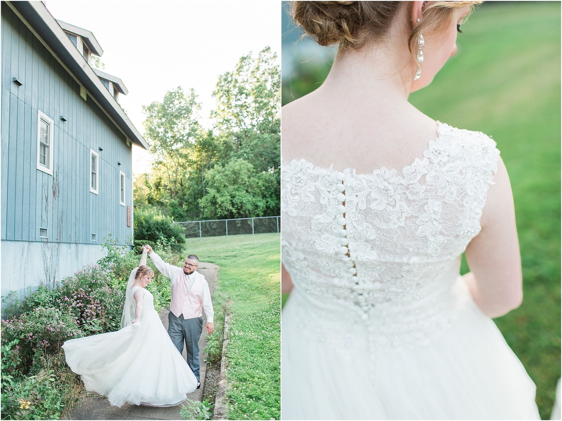 Arielle Peters Photography | Bride and groom dancing outside blue barn on wedding day at St. Joseph County Parks in South Bend, Indiana.