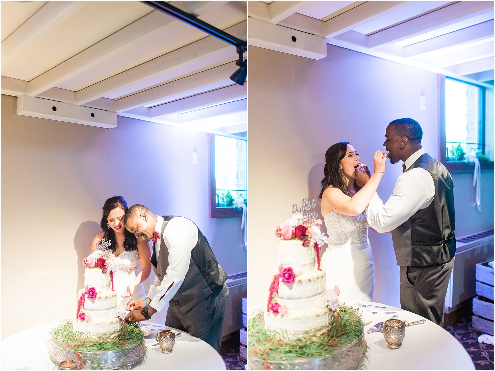 Arielle Peters Photography | Bride and groom cutting cake at wedding reception on wedding day at Nazareth Hall in Grand Rapids, Ohio. 