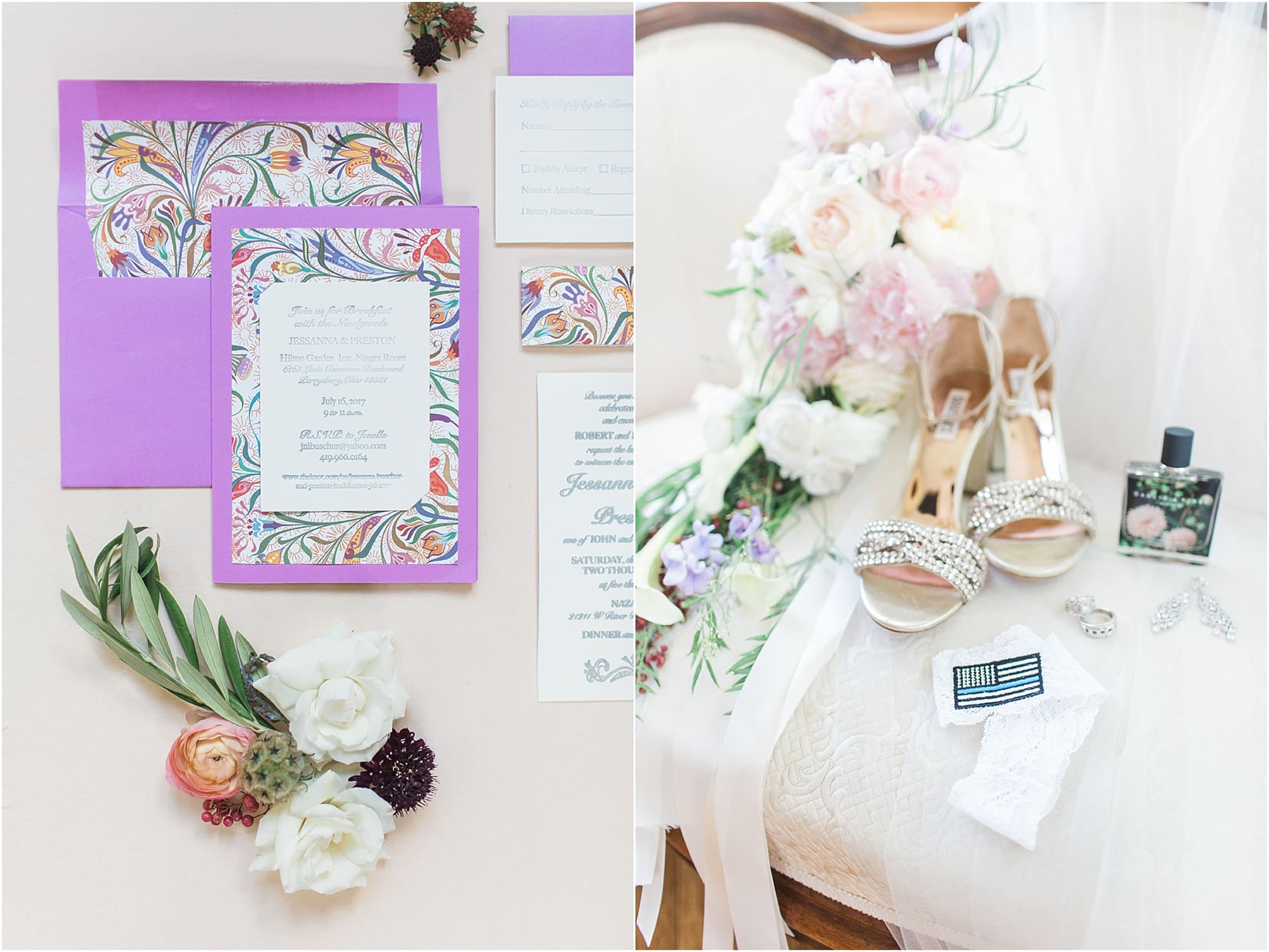 Arielle Peters Photography | Wedding shoes and veil on white couch on wedding day photos at Nazareth Hall in Grand Rapids, Ohio. 