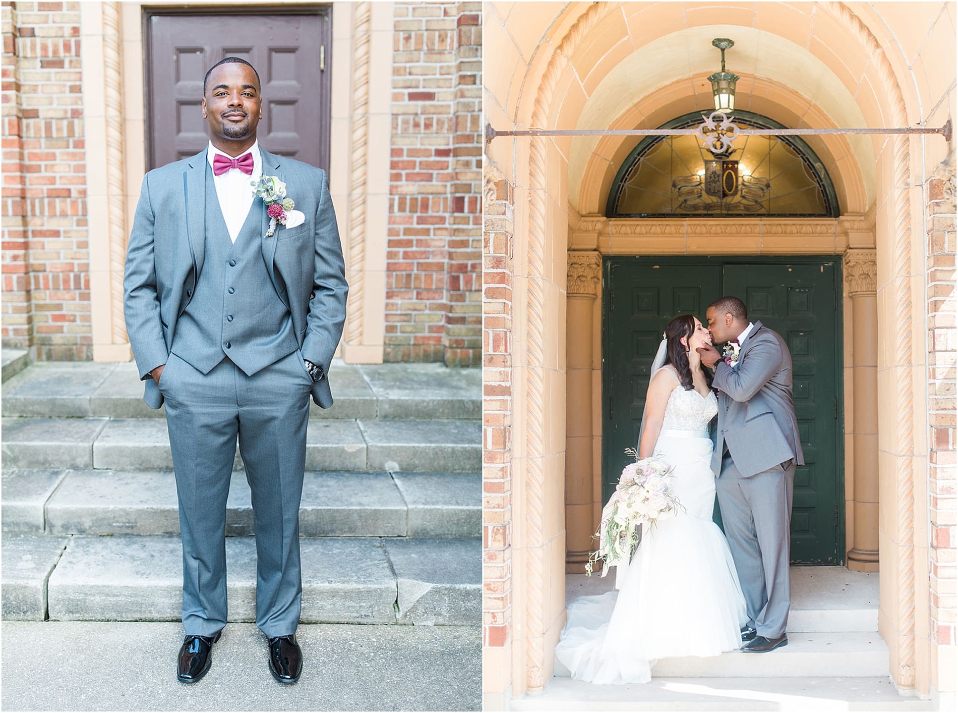 Arielle Peters Photography | Bride and groom kissing in brick archway on wedding day photos at Nazareth Hall in Grand Rapids, Ohio. 