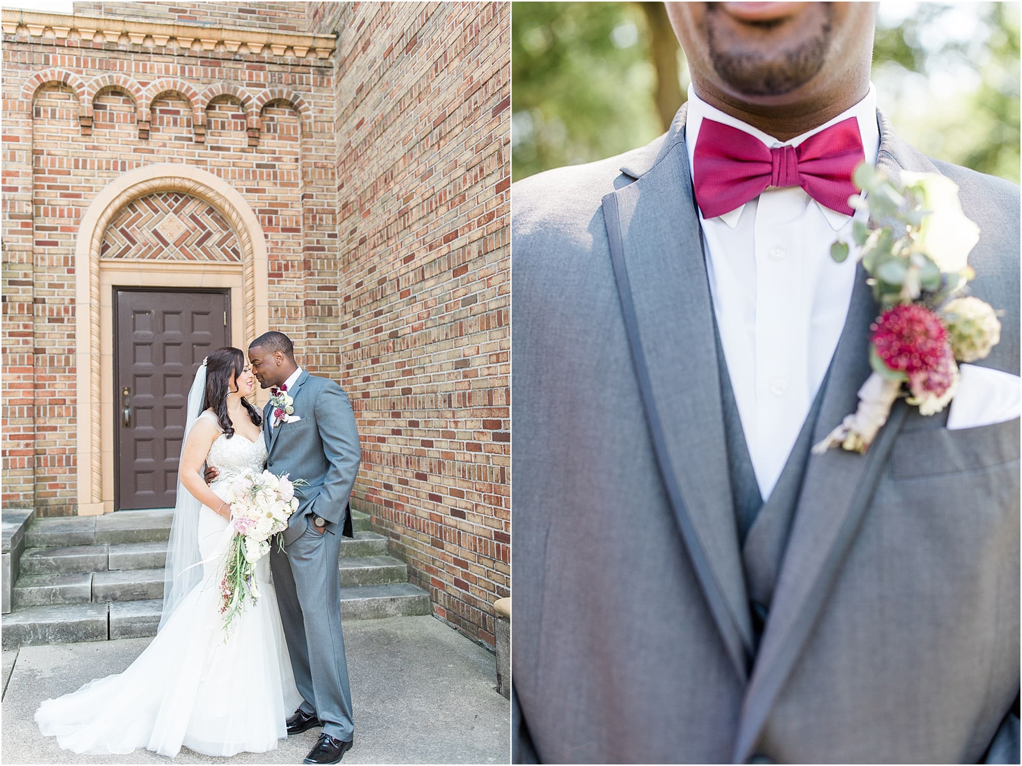 Arielle Peters Photography | Bride and groom next to brick building on wedding day photos at Nazareth Hall in Grand Rapids, Ohio. 