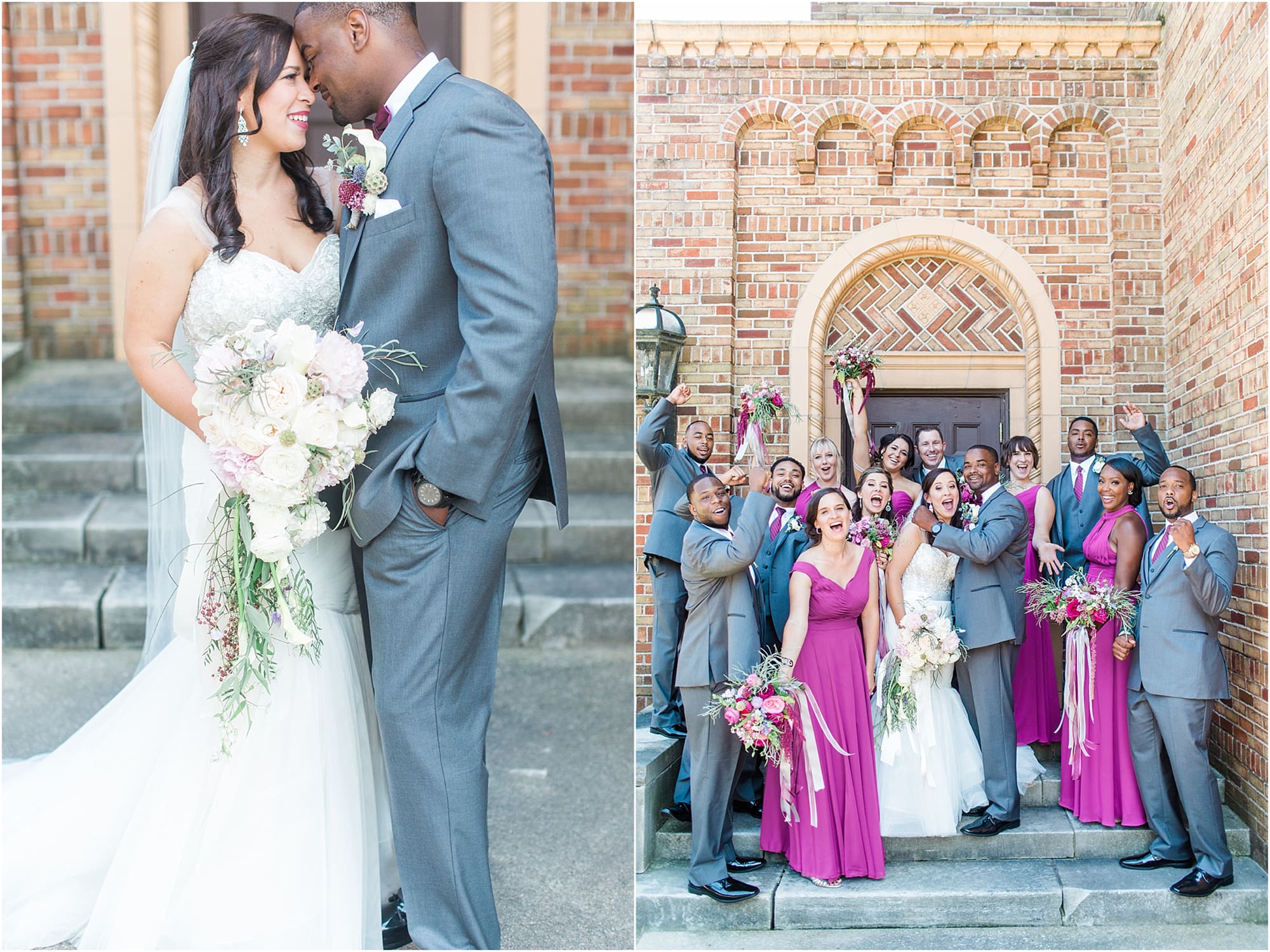 Arielle Peters Photography | Wedding party cheering next to brick building on wedding day photos at Nazareth Hall in Grand Rapids, Ohio. 