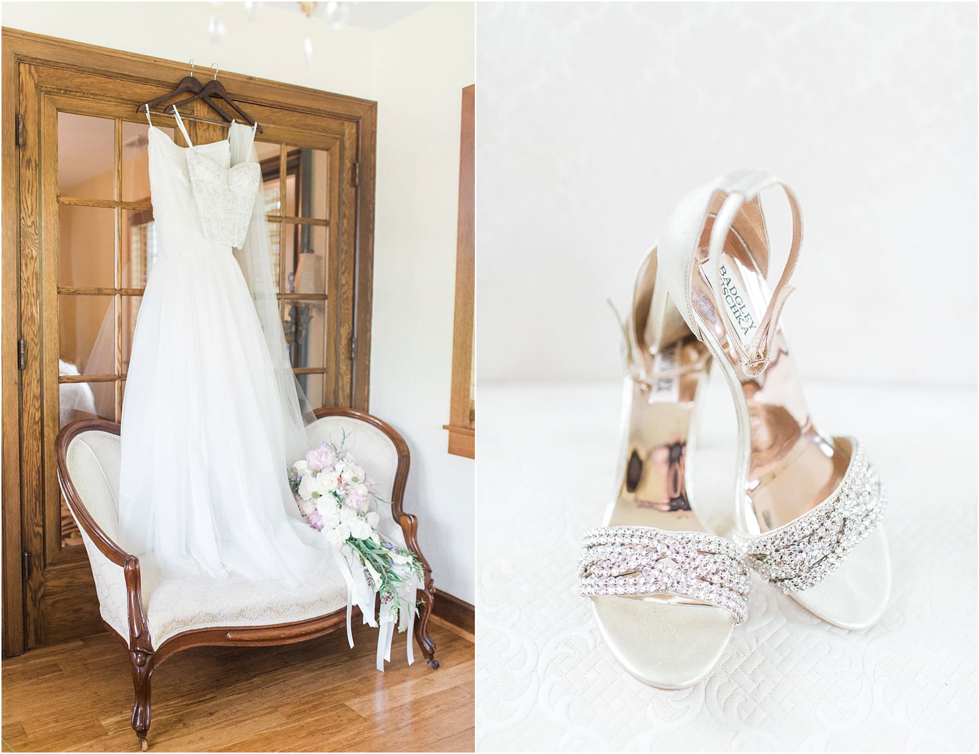 Arielle Peters Photography | Wedding gown hanging on wooden french doors on wedding day photos at Nazareth Hall in Grand Rapids, Ohio. 