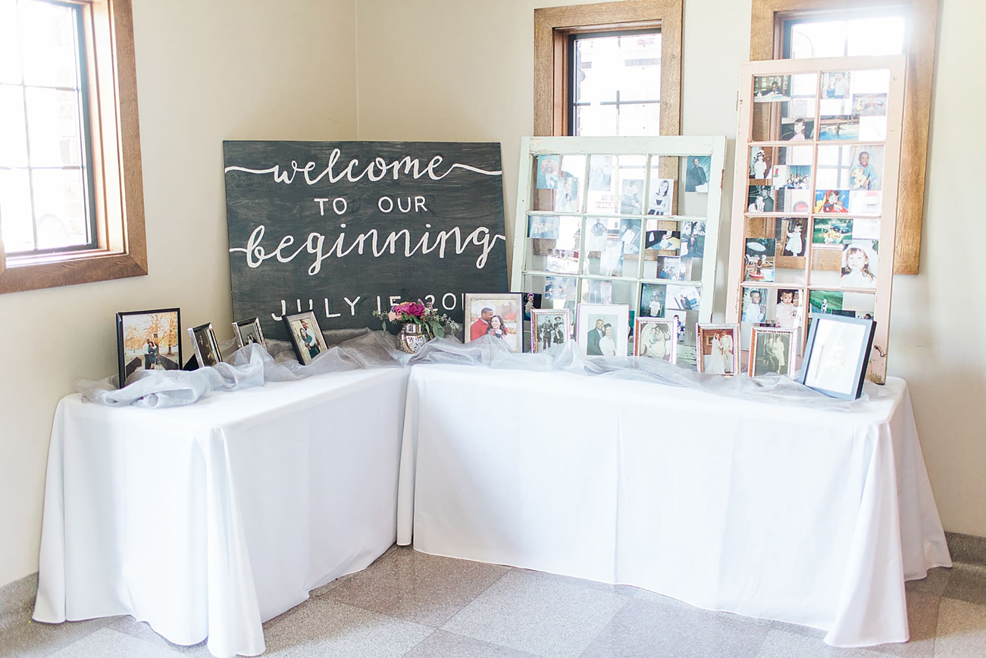Arielle Peters Photography | Wedding reception table settings and picture table at Nazareth Hall in Grand Rapids, Ohio. 