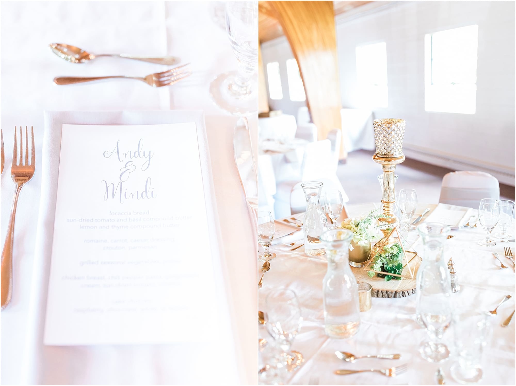 Arielle Peters Photography | Wedding reception table settings and floral arrangements on wedding day at Winona Heritage Room in Winona Lake, Indiana.