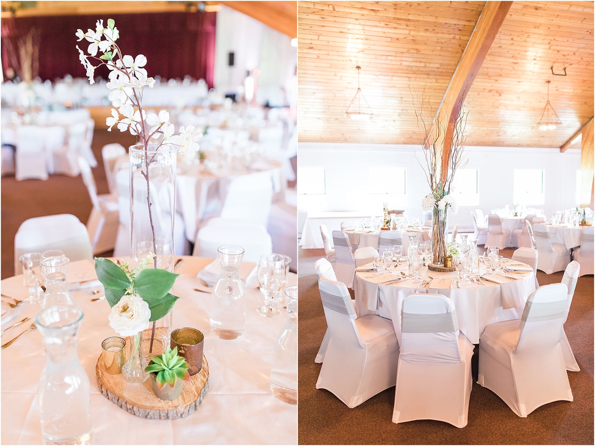 Arielle Peters Photography | Wedding reception table settings and floral arrangements on wedding day at Winona Heritage Room in Winona Lake, Indiana.