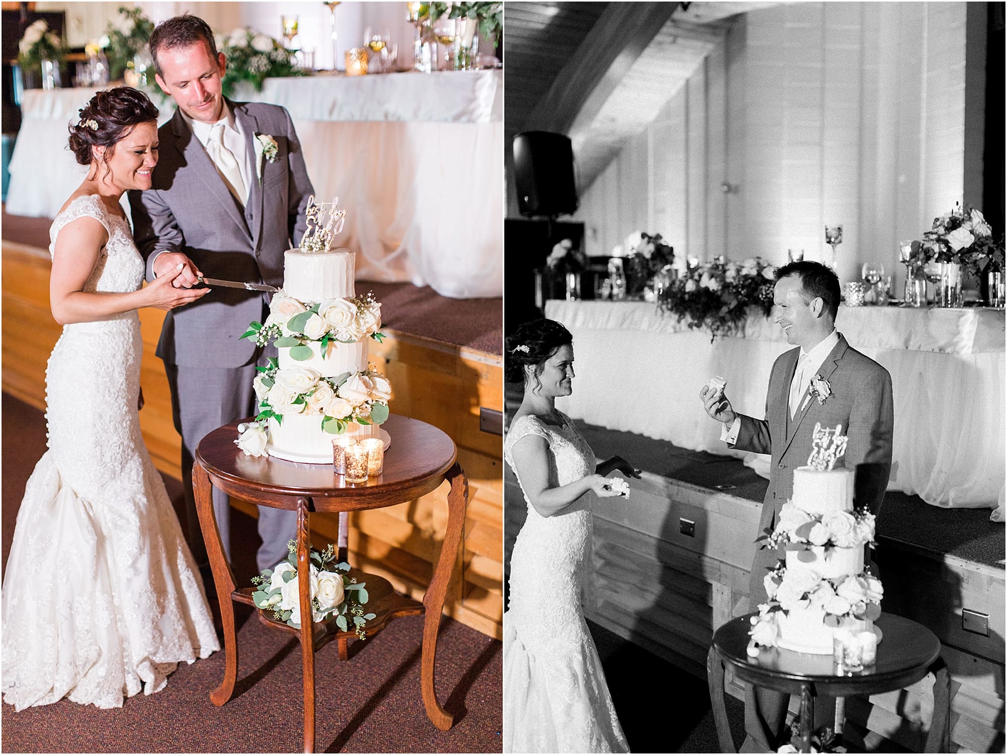 Arielle Peters Photography | Bride and groom cutting wedding cake on wedding day at Winona Heritage Room in Winona Lake, Indiana.