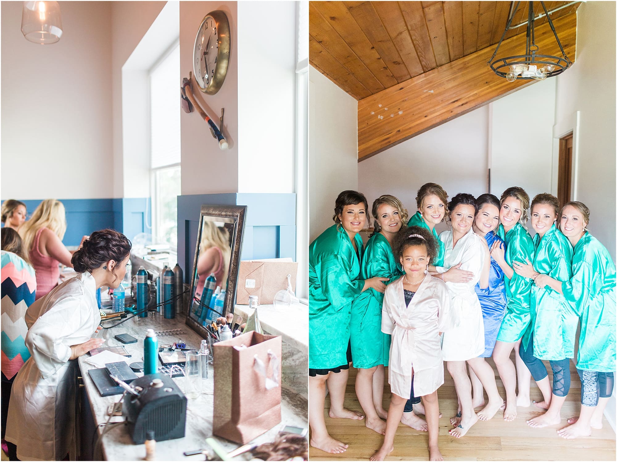 Arielle Peters Photography | Bride and bridesmaids in their robes getting ready on wedding day at Winona Heritage Room in Winona Lake, Indiana.