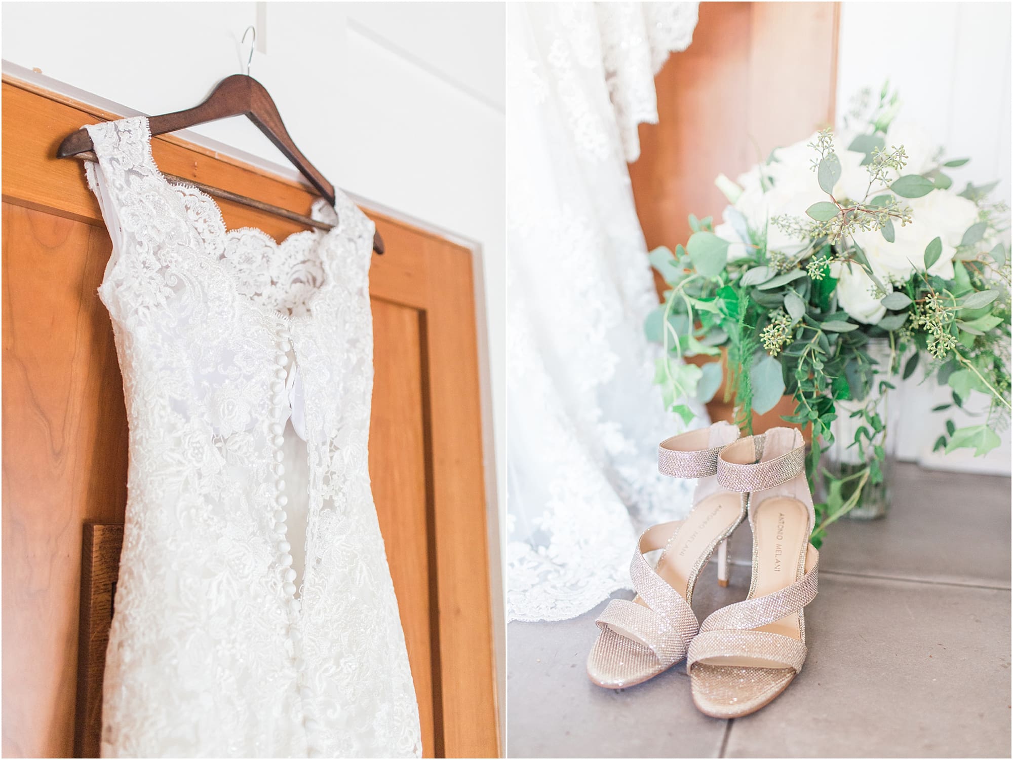 Arielle Peters Photography | Wedding dress hanging on wooden door on wedding day at Winona Heritage Room in Winona Lake, Indiana.