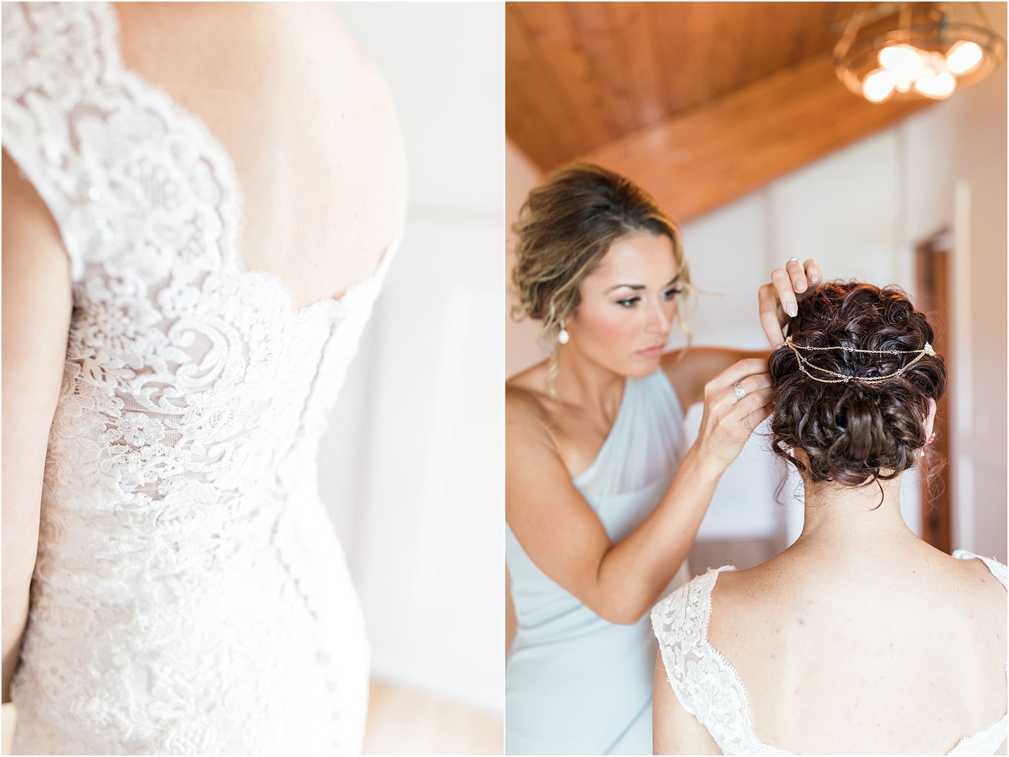 Arielle Peters Photography | Bridesmaid helping bride with hair on wedding day at Winona Heritage Room in Winona Lake, Indiana.