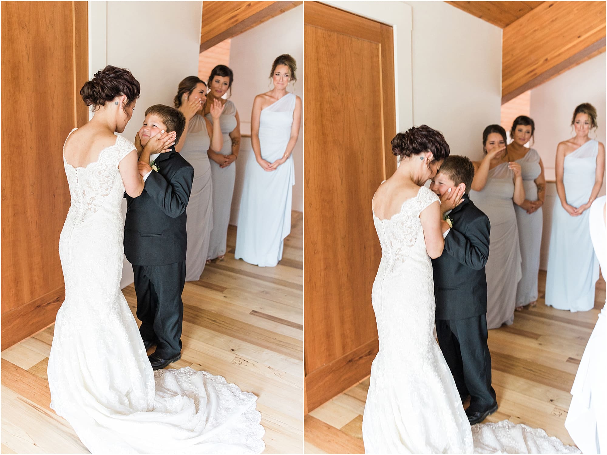 Arielle Peters Photography | Bride and young son having first reveal on wedding day at Winona Heritage Room in Winona Lake, Indiana.