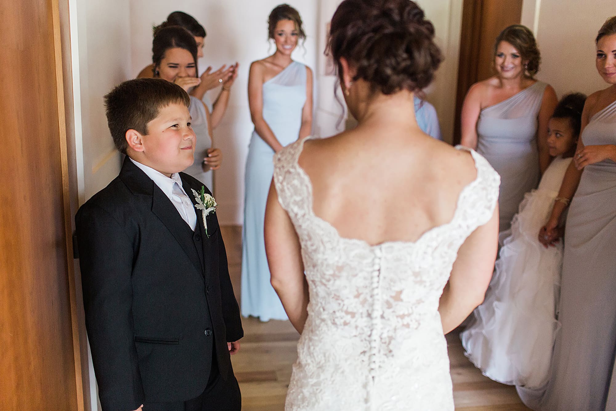 Arielle Peters Photography | Bride and young son having first reveal on wedding day at Winona Heritage Room in Winona Lake, Indiana.