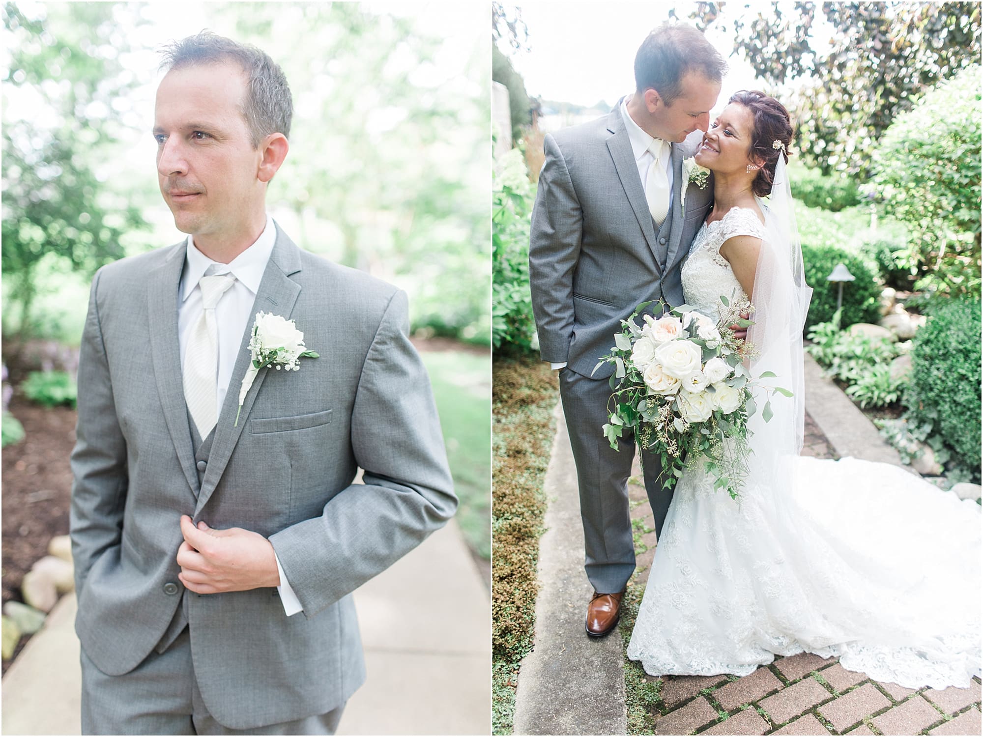 Arielle Peters Photography | Bride and groom walking in garden on wedding day at Winona Heritage Room in Winona Lake, Indiana.